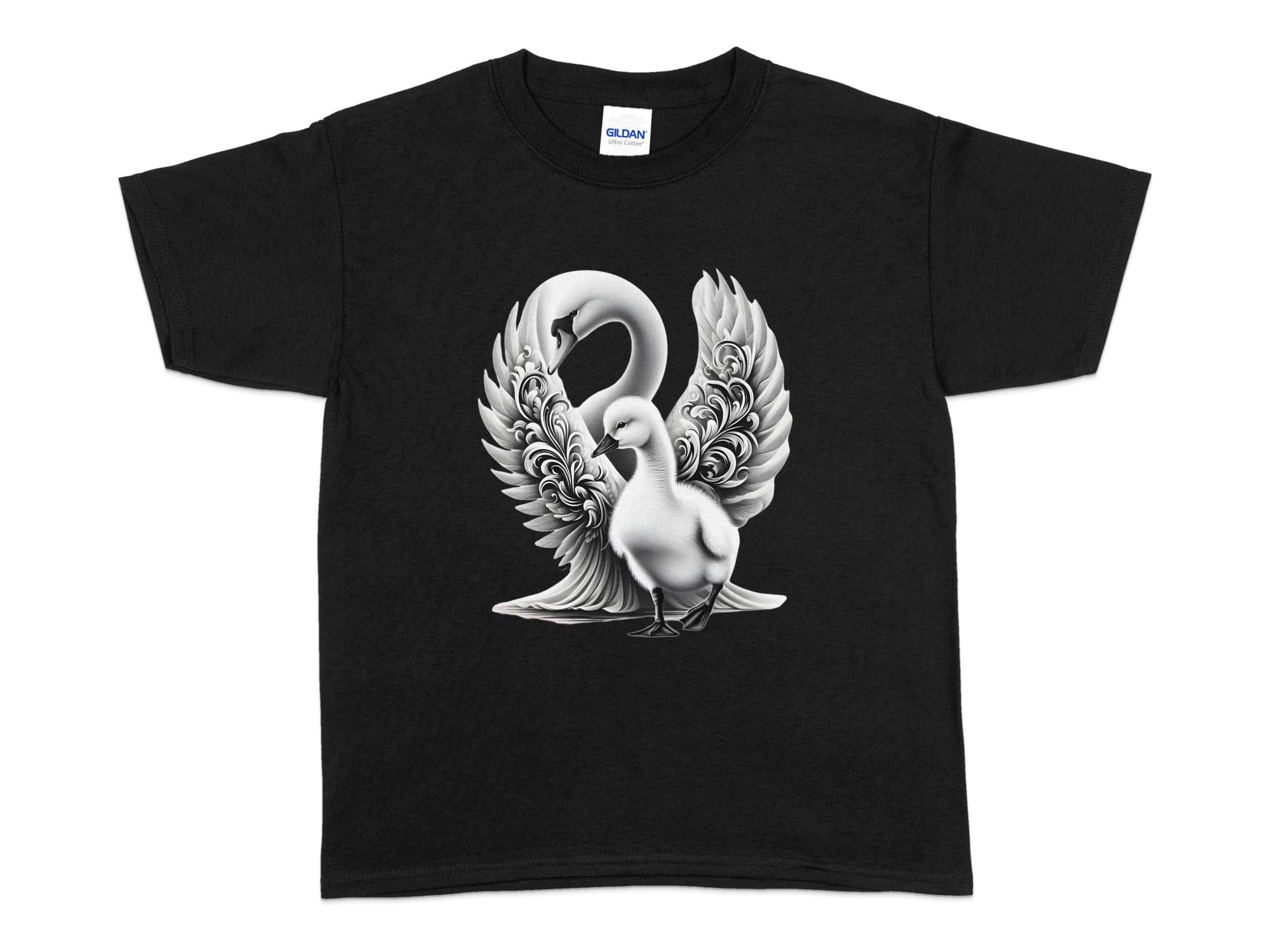 Swan & Cygnet- Black White Gildan Kids T-Shirt Realistic Family Talisman Unisex Tee Graphic Design