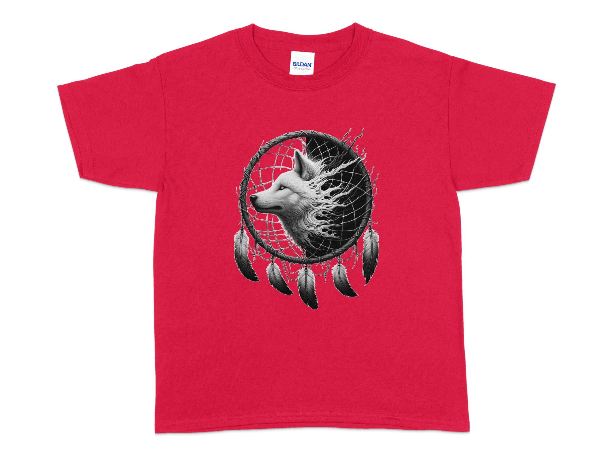 Dreamcatcher Wolf - Coloured Gildan Kids T-Shirt Realistic Native American Talisman Unisex Mythology Tee Graphic Design