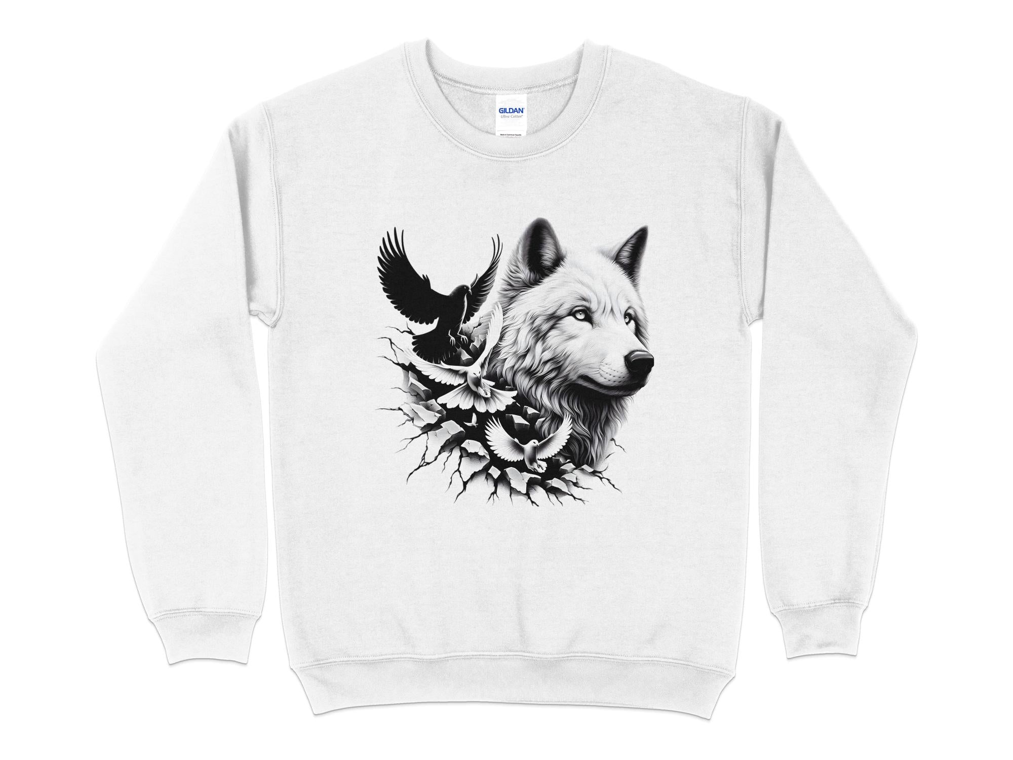 Wolf x Doves - Black White Gildan Sweatshirt Realistic Animal Talisman Unisex Tee Graphic Design