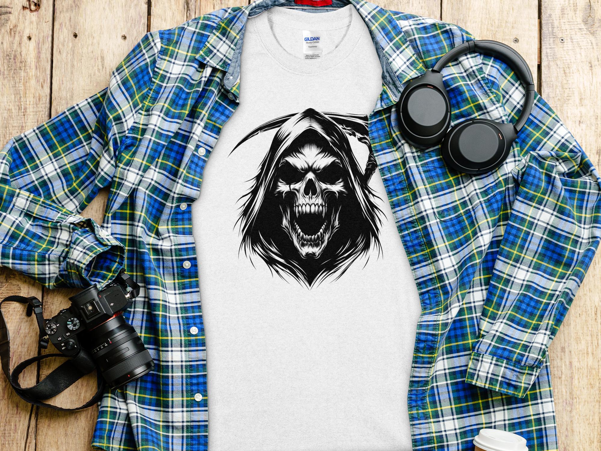 Grim Reaper - Black White Gildan T-Shirt Commemorative Talisman Unisex Tee Graphic Design