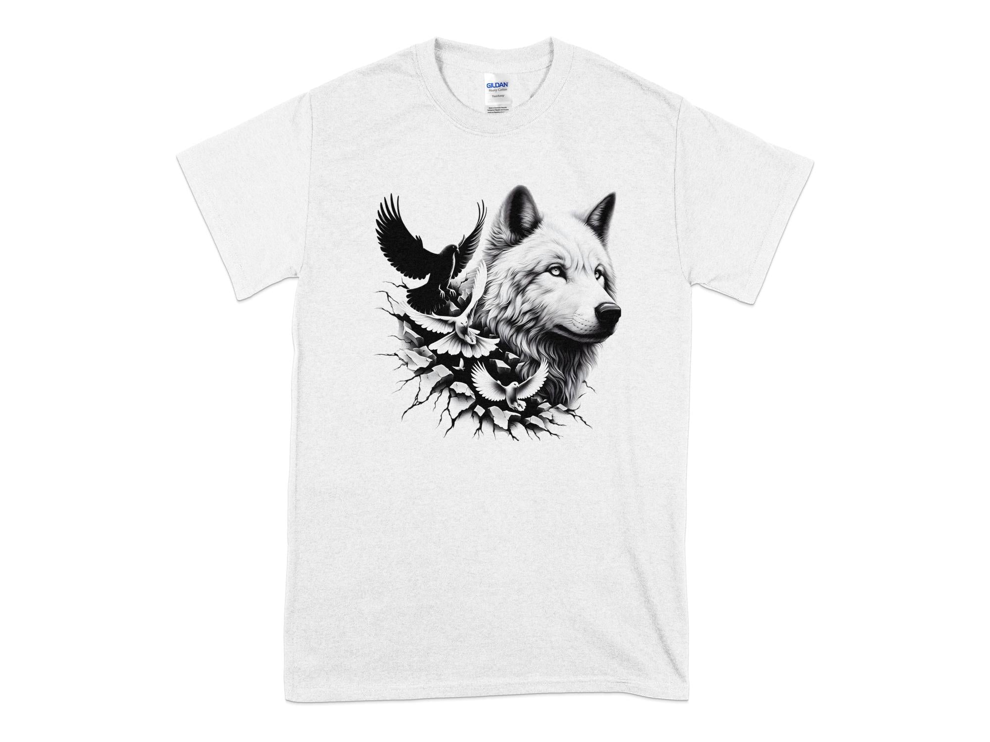 Wolf x Doves - Black White Gildan T-Shirt Realistic Animal Talisman Unisex Tee Graphic Design