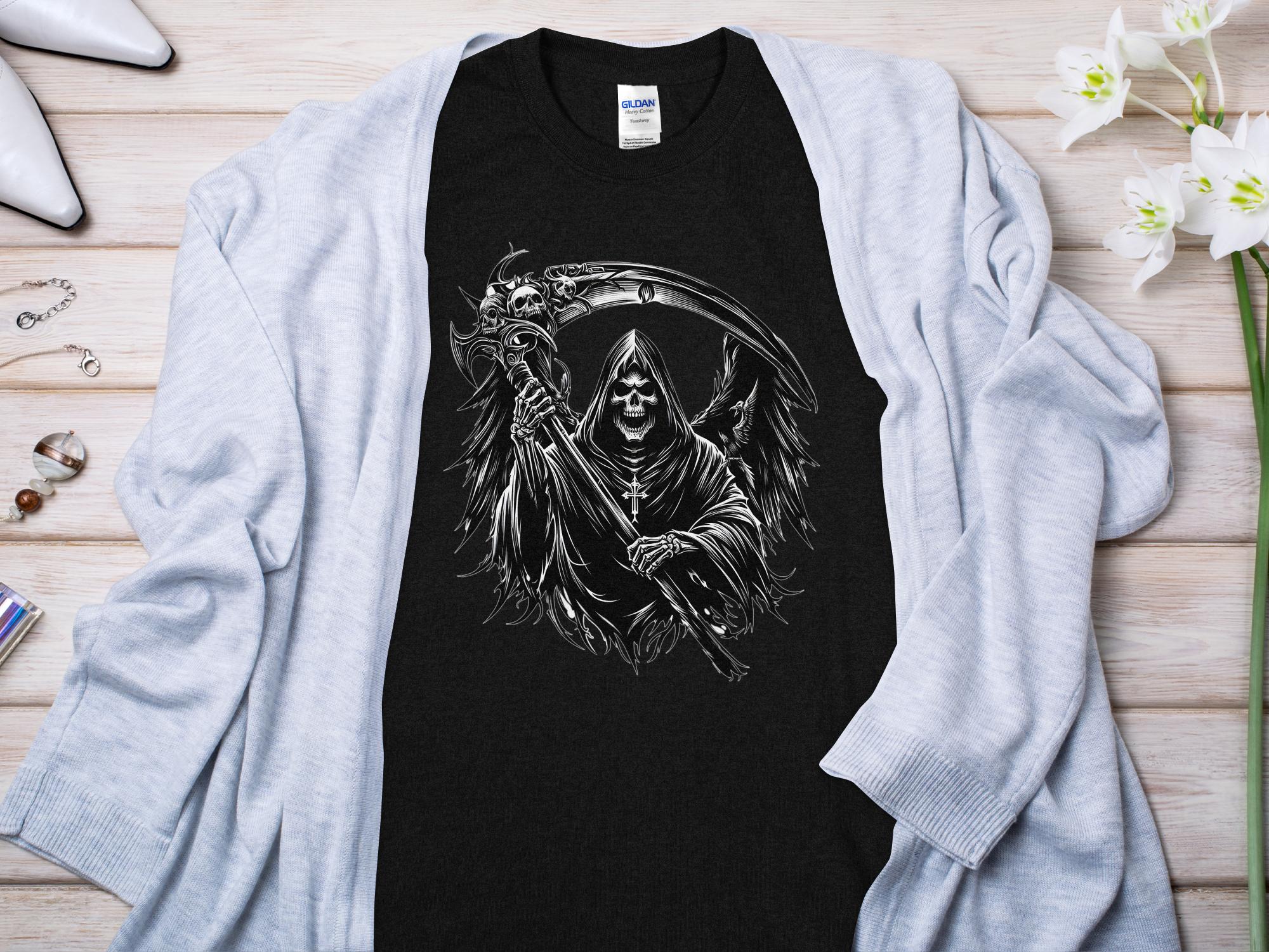 Grim Reaper - Black White Gildan T-Shirt Commemorative Talisman Unisex Tee Graphic Design