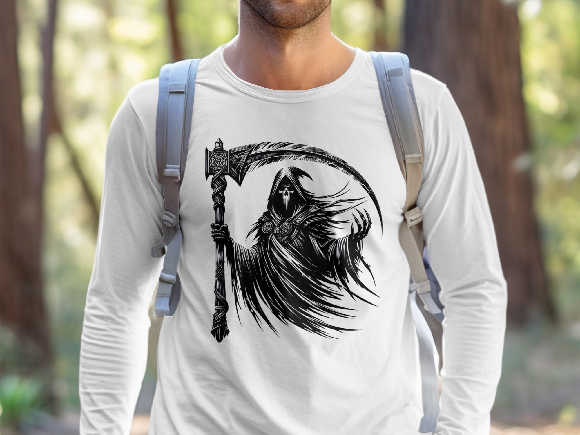 Grim Reaper - Black White Gildan Long Sleeve Commemorative Talisman Unisex Tee Graphic Design