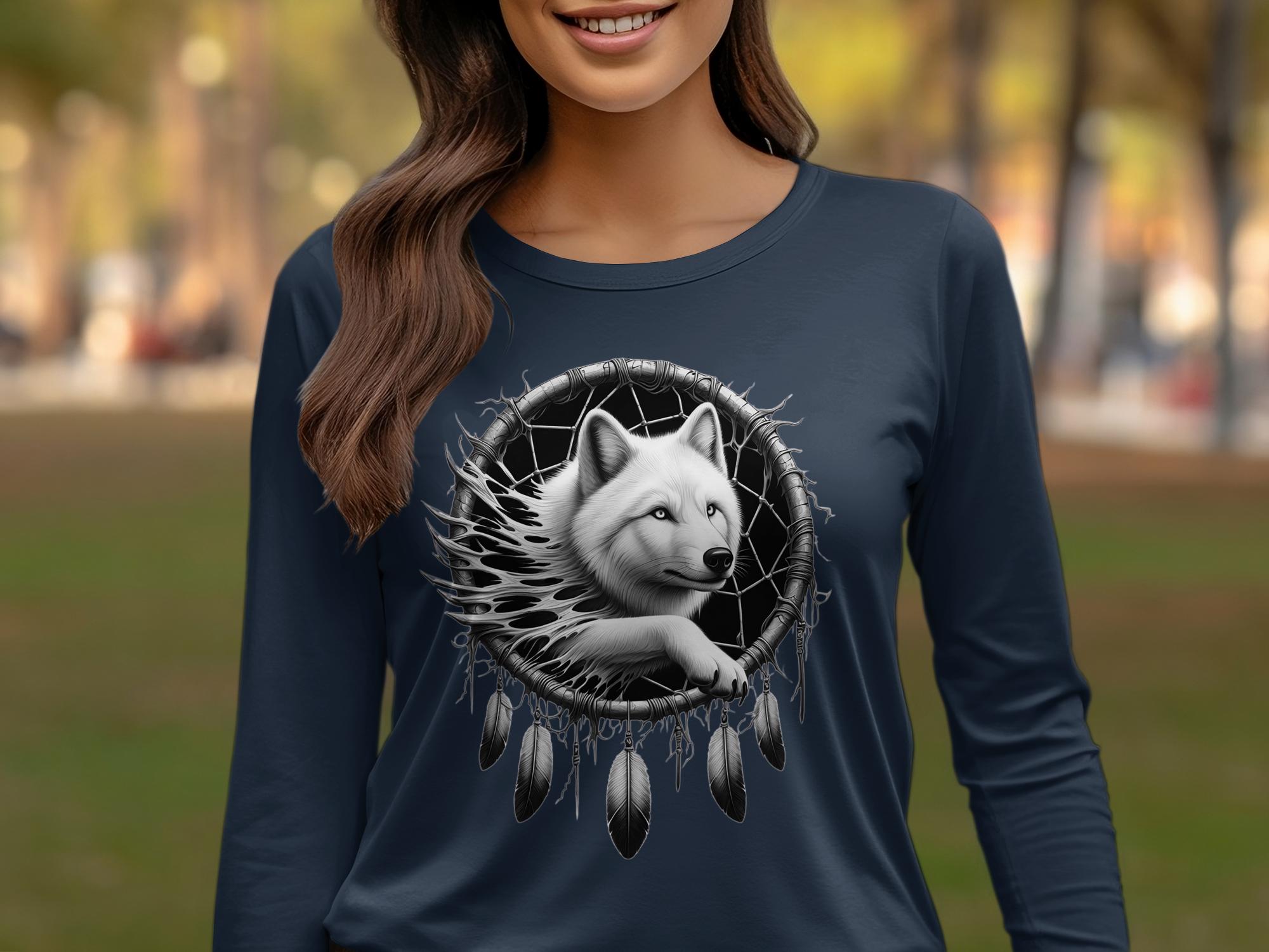 Dreamcatcher Wolf - Coloured Gildan Long Sleeve Realistic Native American Talisman Unisex Mythology Tee Graphic Design