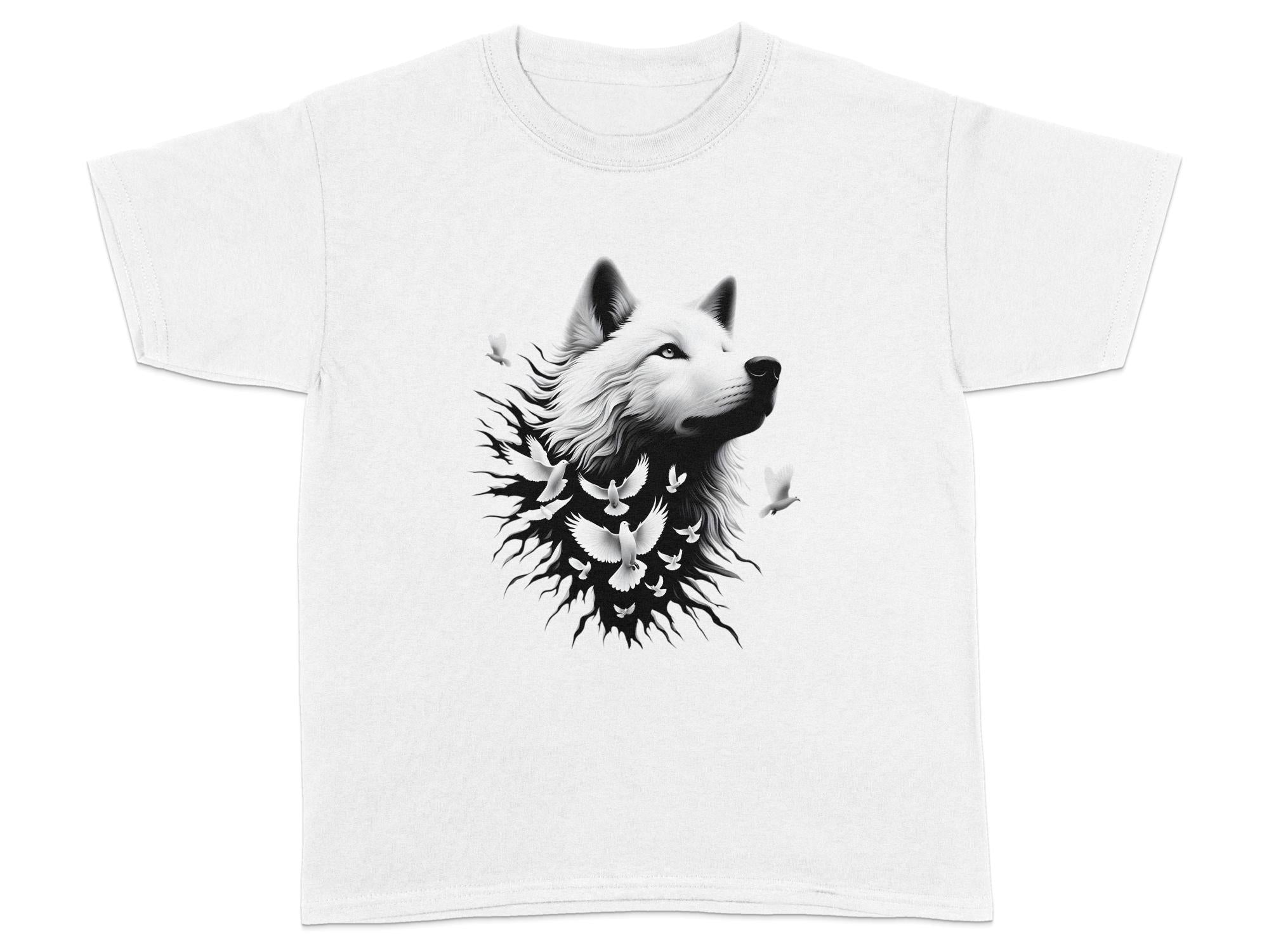 Wolf x Doves - Black White Gildan Kids T-Shirt Realistic Animal Talisman Unisex Tee Graphic Design