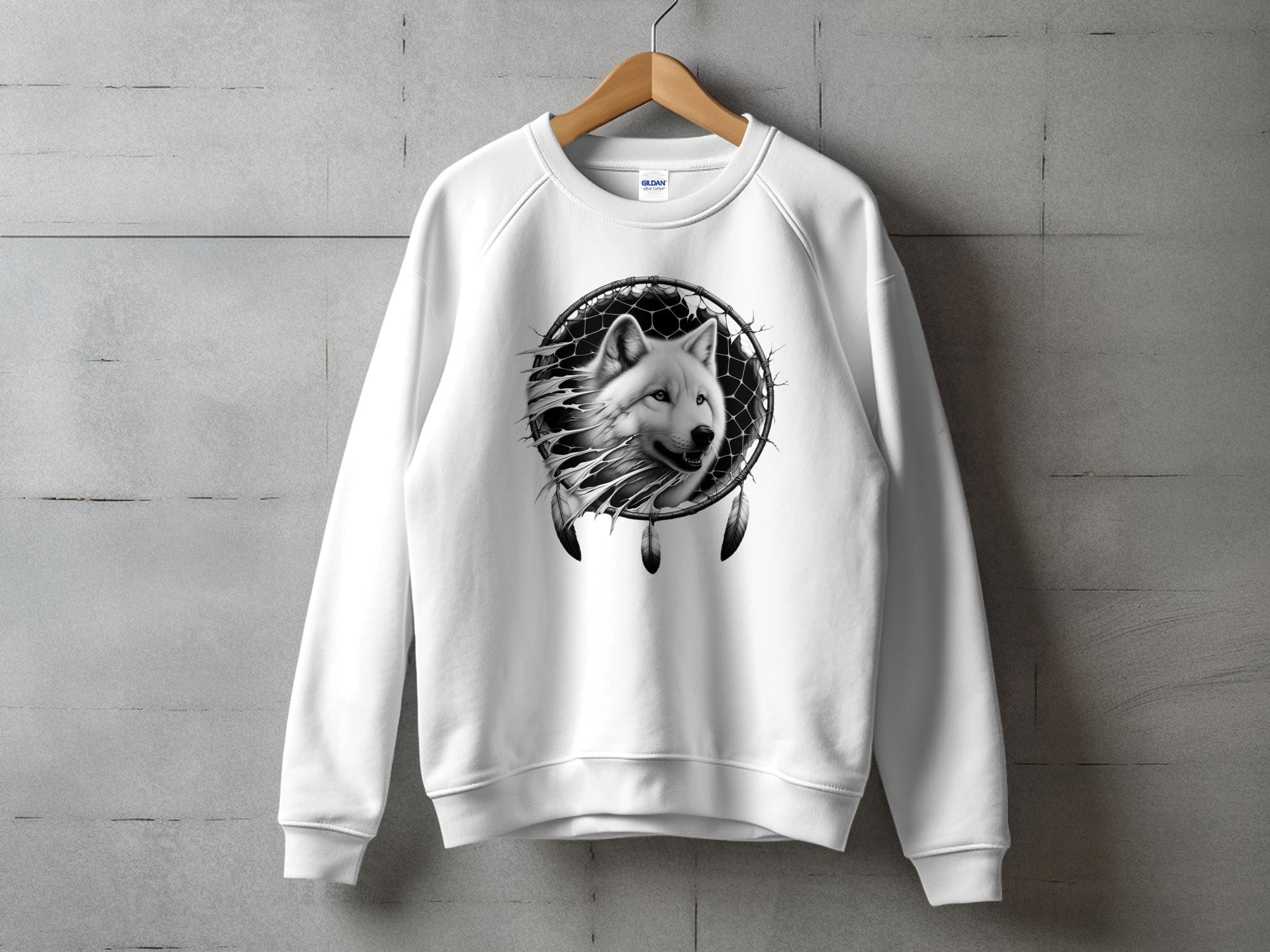 Dreamcatcher Wolf - Coloured Gildan Sweatshirt Realistic Native American Talisman Unisex Mythology Tee Graphic Design