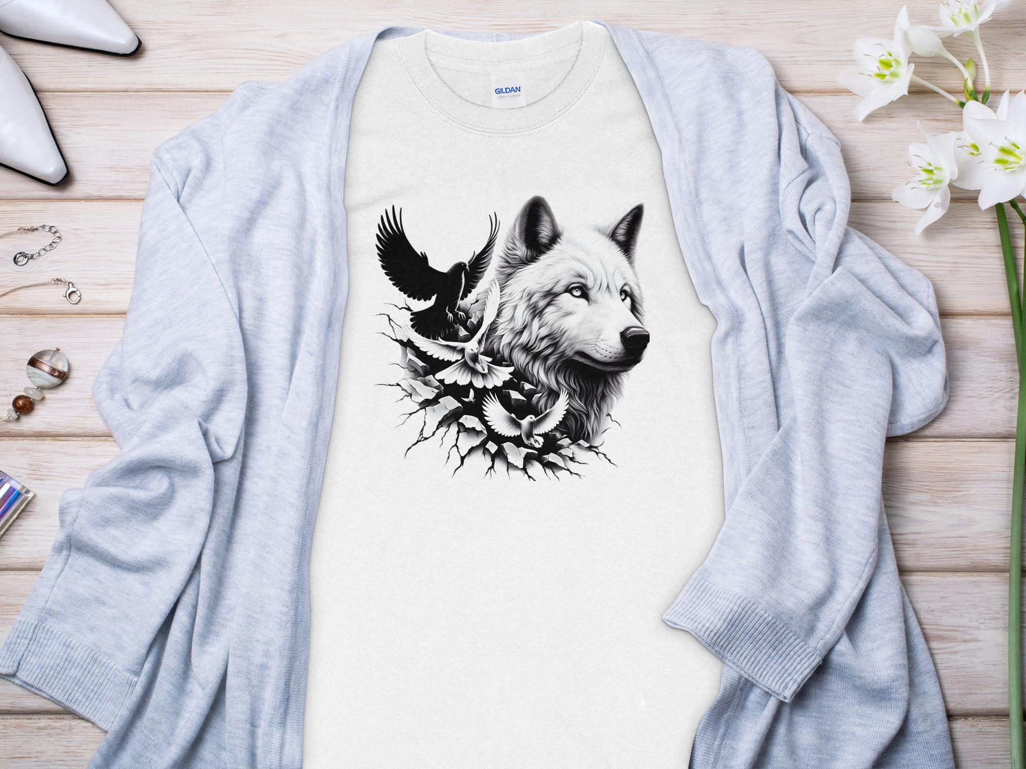 Wolf x Doves - Black White Gildan Long Sleeve Realistic Animal Talisman Unisex Tee Graphic Design