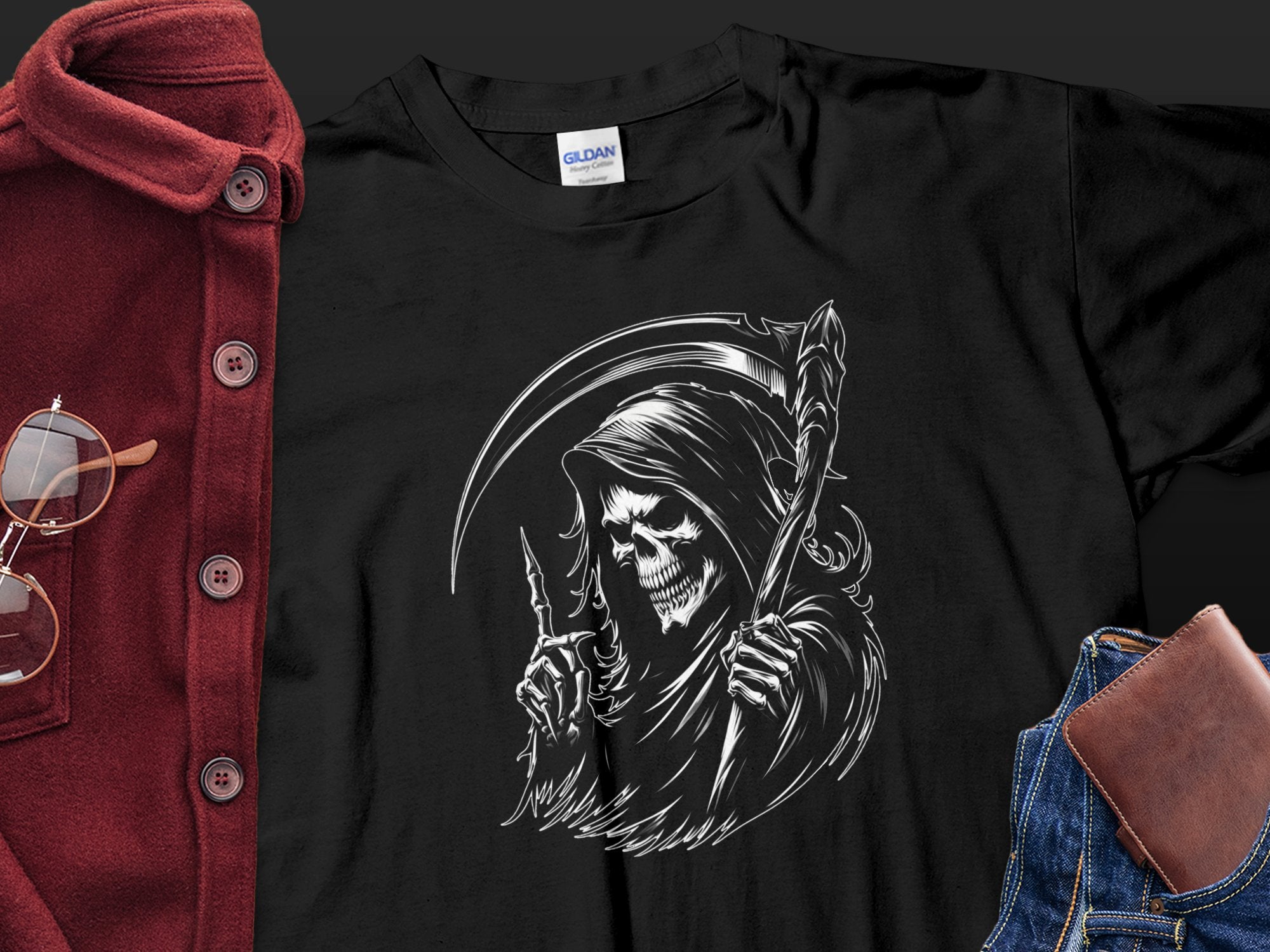 Grim Reaper - Black White Gildan T-Shirt Commemorative Talisman Unisex Tee Graphic Design