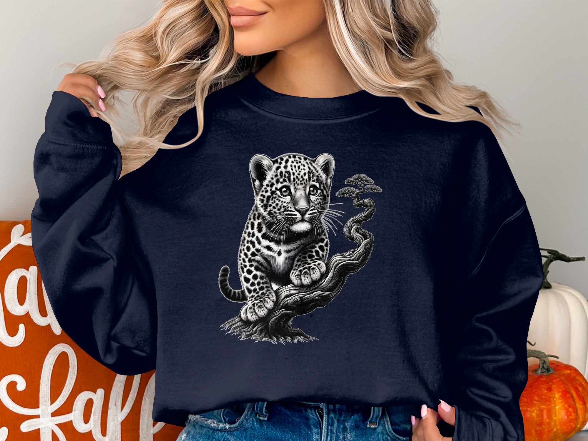 Leopard Bonsai - Coloured Gildan Sweatshirt Realistic Animal Talisman Unisex Cute Tee Graphic Design