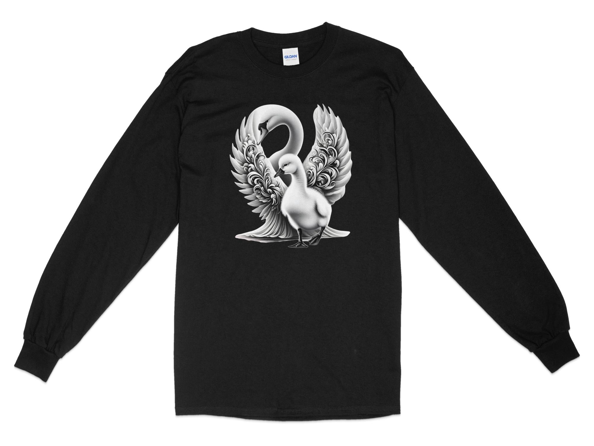 Swan & Cygnet- Black White Gildan Long Sleeve Realistic Family Talisman Unisex Tee Graphic Design