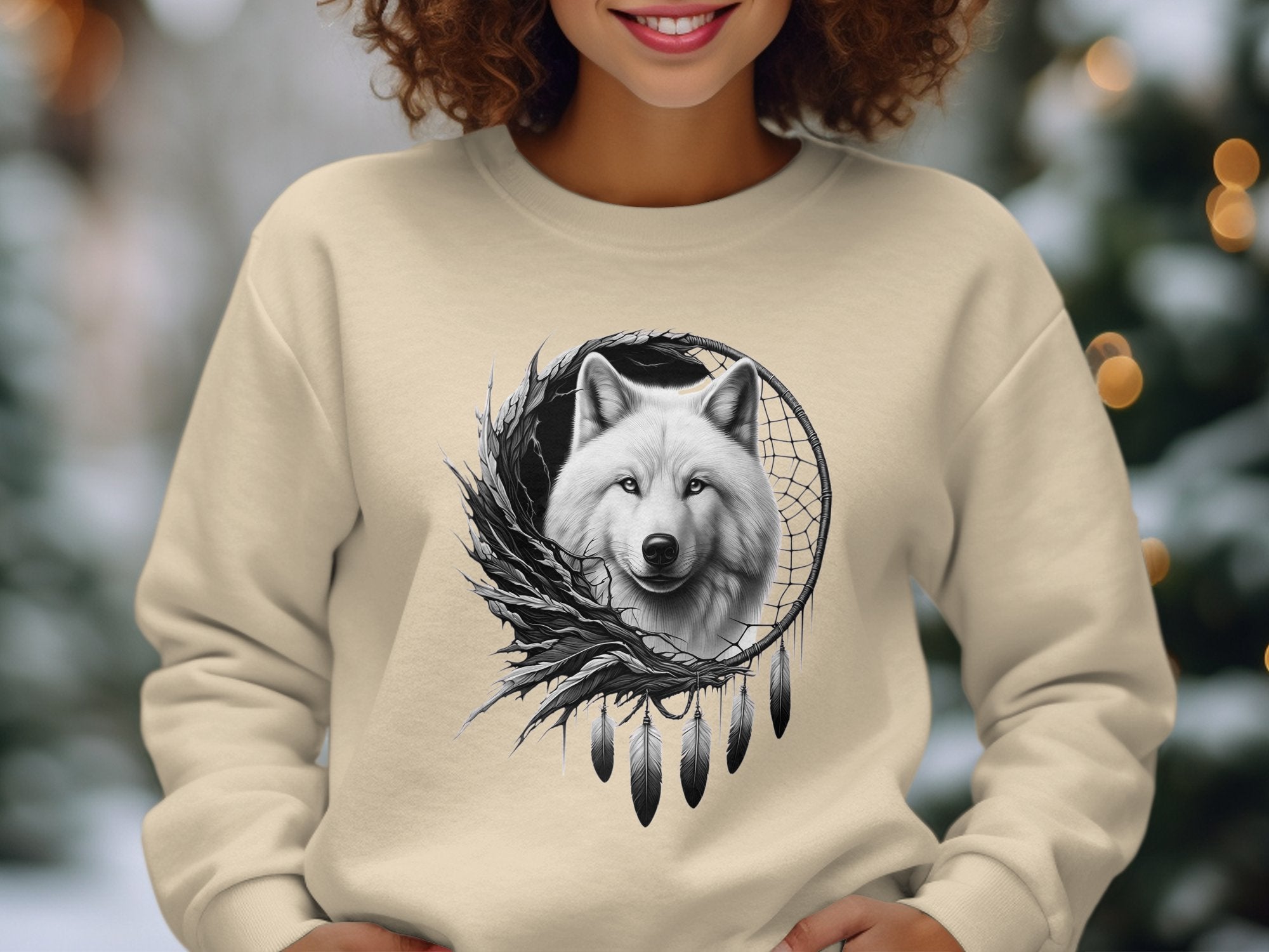 Dreamcatcher Wolf - Coloured Gildan Sweatshirt Realistic Native American Talisman Unisex Mythology Tee Graphic Design