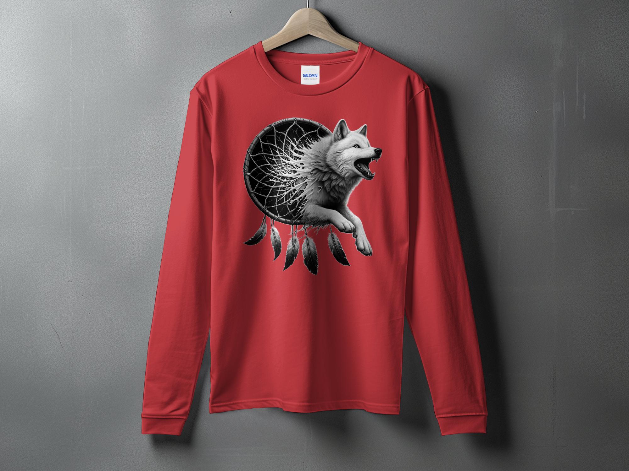 Dreamcatcher Wolf - Coloured Gildan Long Sleeve Realistic Native American Talisman Unisex Mythology Tee Graphic Design