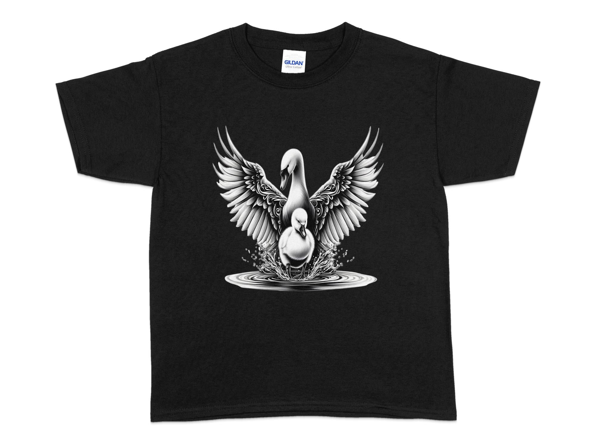 Swan & Cygnet- Black White Gildan Kids T-Shirt Realistic Family Talisman Unisex Tee Graphic Design