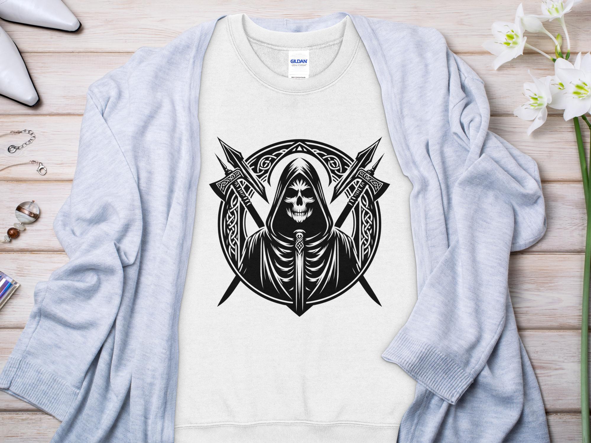 Grim Reaper - Black White Gildan Sweatshirt Commemorative Talisman Unisex Tee Graphic Design