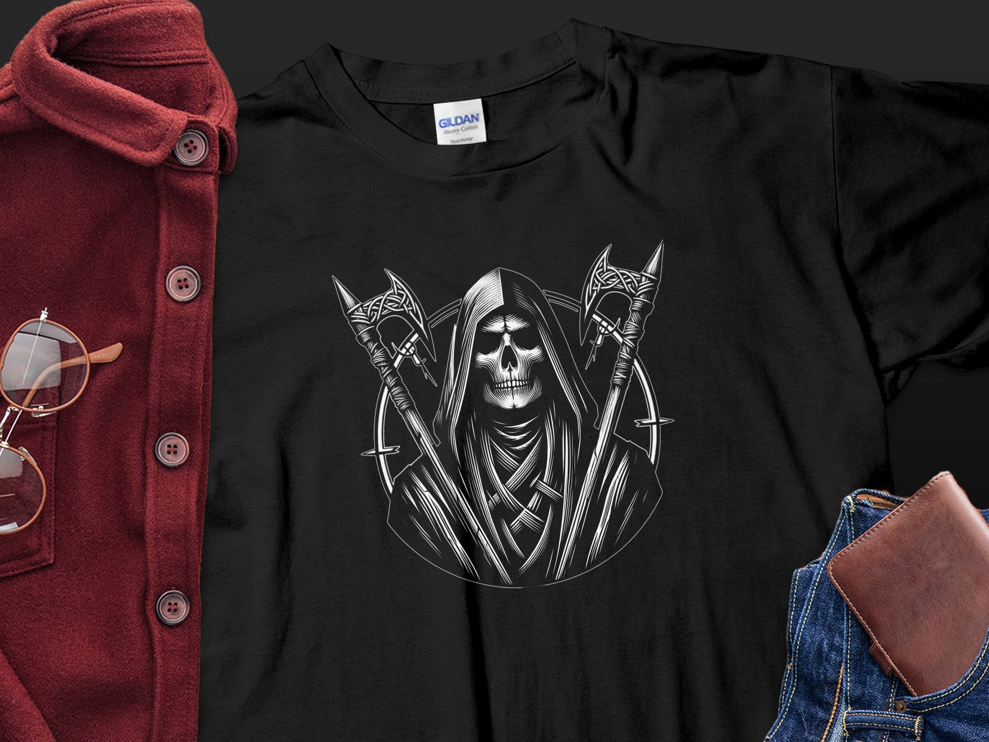 Grim Reaper - Black White Gildan T-Shirt Commemorative Talisman Unisex Tee Graphic Design