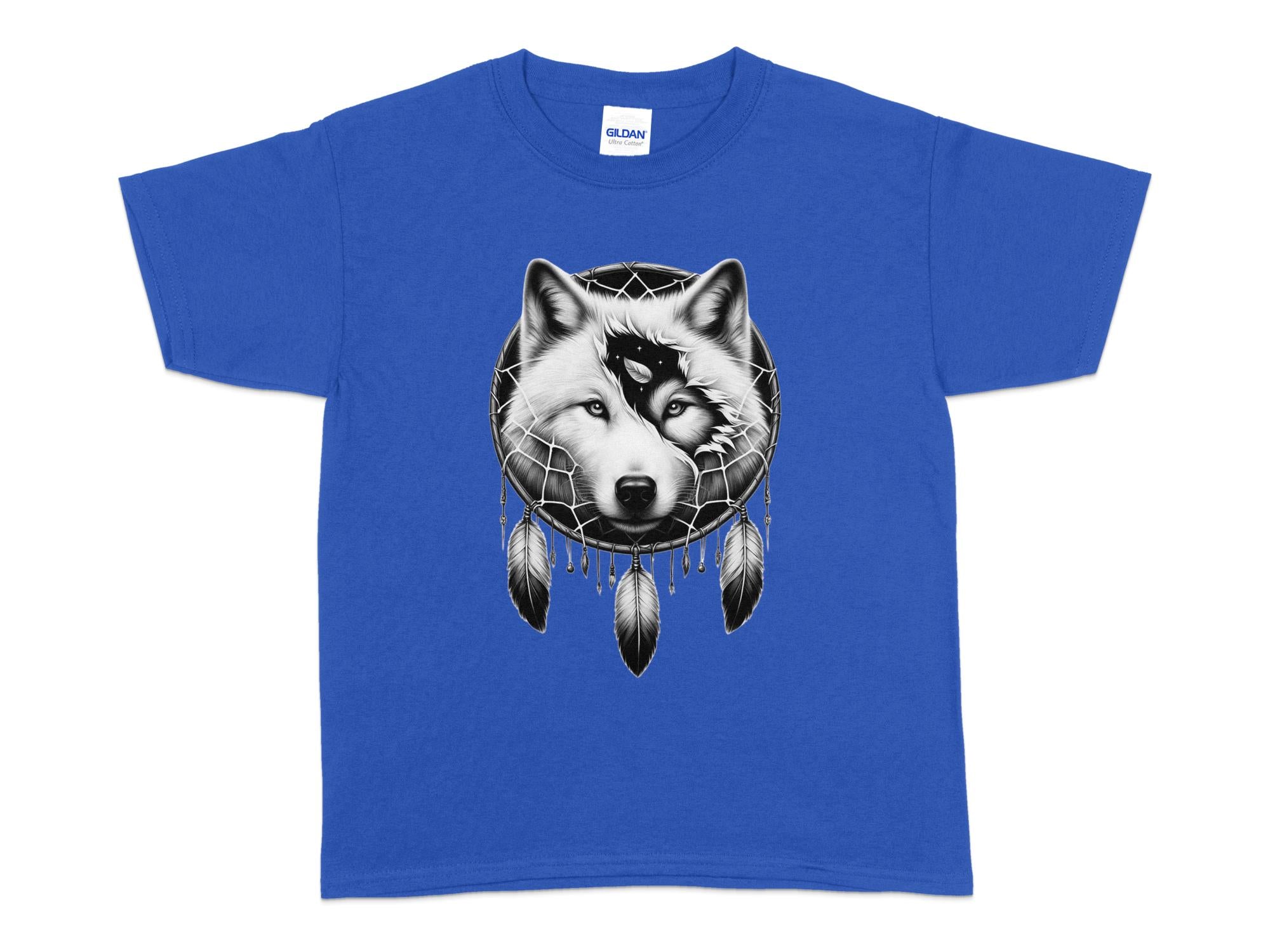 Dreamcatcher Wolf - Coloured Gildan Kids T-Shirt Realistic Native American Talisman Unisex Mythology Tee Graphic Design