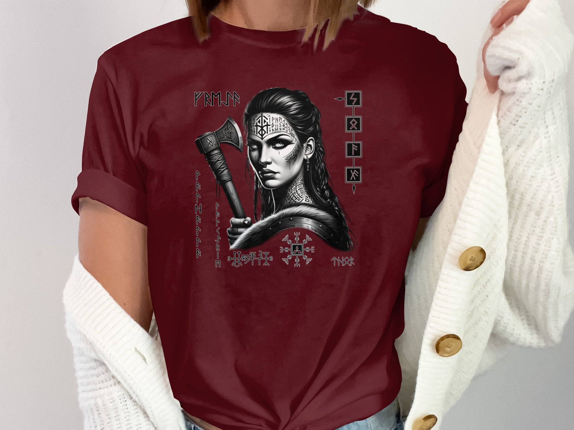 Viking Shield Maiden - Coloured Gildan T Shirt Realistic Norse Talisman Men Women Unisex Valhalla Tee Graphic Design