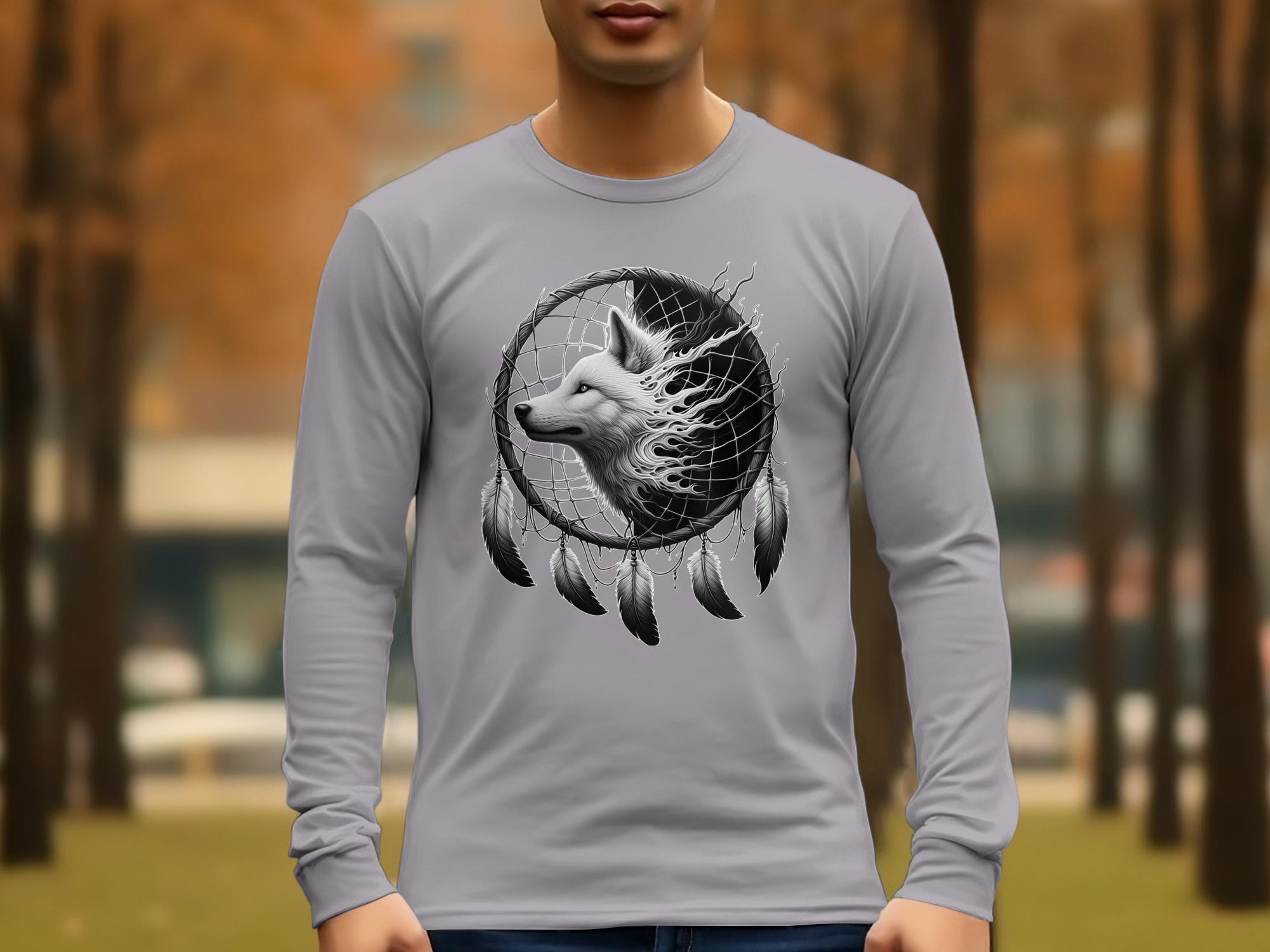 Dreamcatcher Wolf - Coloured Gildan Long Sleeve Realistic Native American Talisman Unisex Mythology Tee Graphic Design