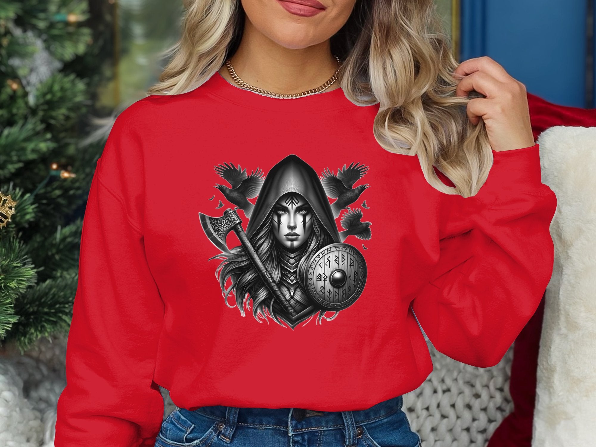 Viking Shield Maiden - Coloured Gildan Sweatshirt Realistic Norse Talisman Men Women Unisex Valhalla Tee Graphic Design