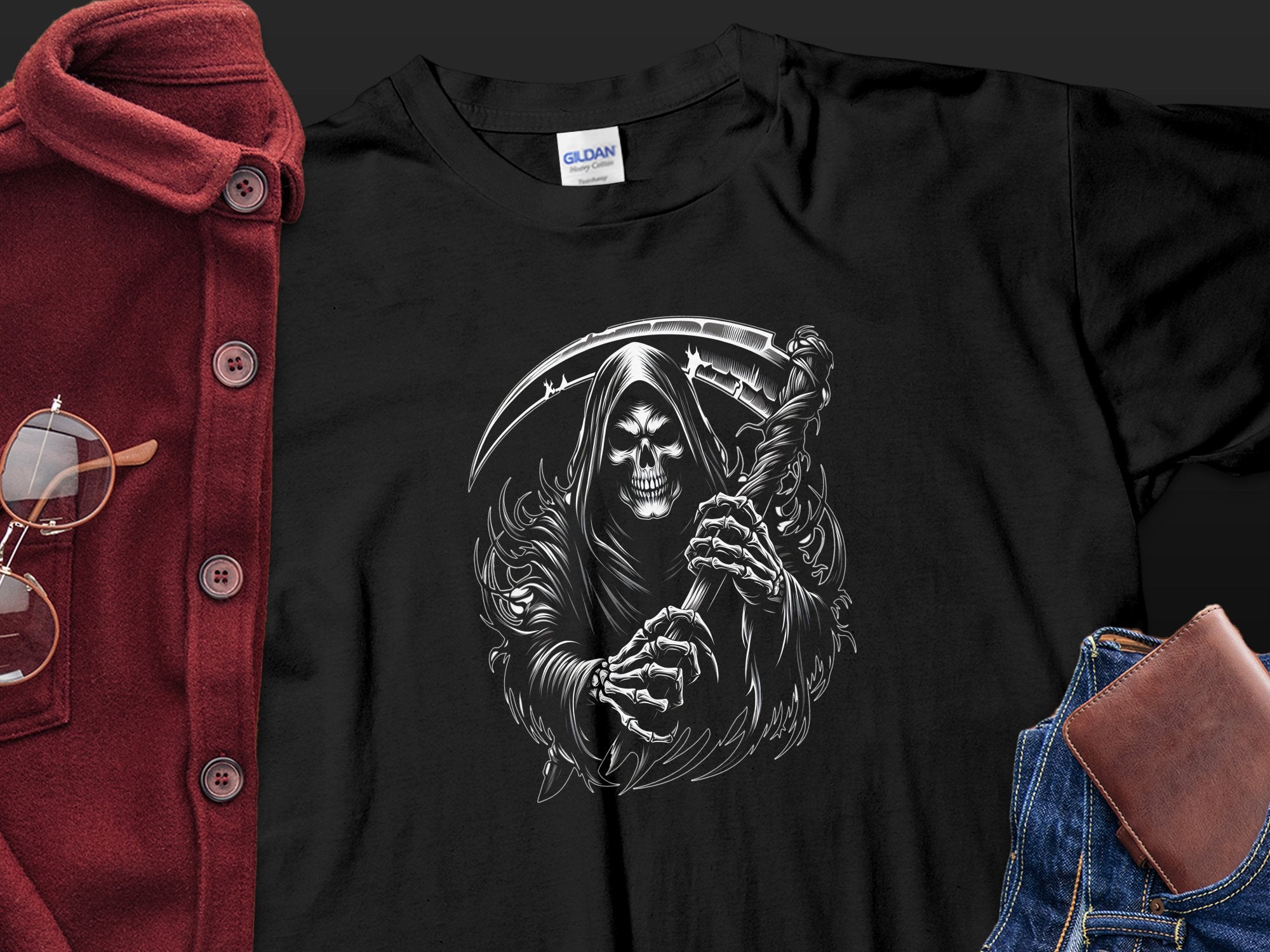 Grim Reaper - Black White Gildan T-Shirt Commemorative Talisman Unisex Tee Graphic Design