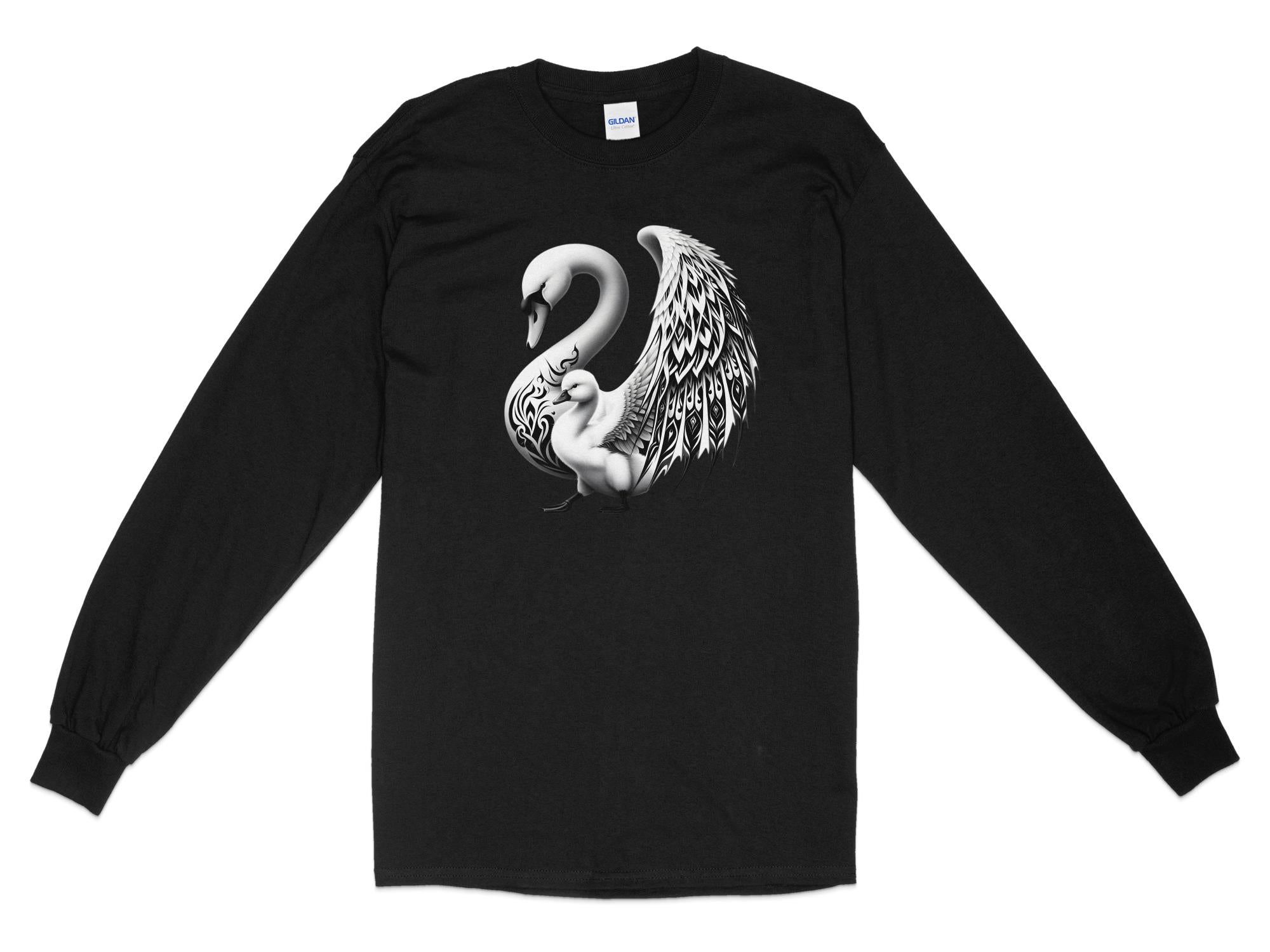 Swan & Cygnet- Black White Gildan Long Sleeve Realistic Family Talisman Unisex Tee Graphic Design