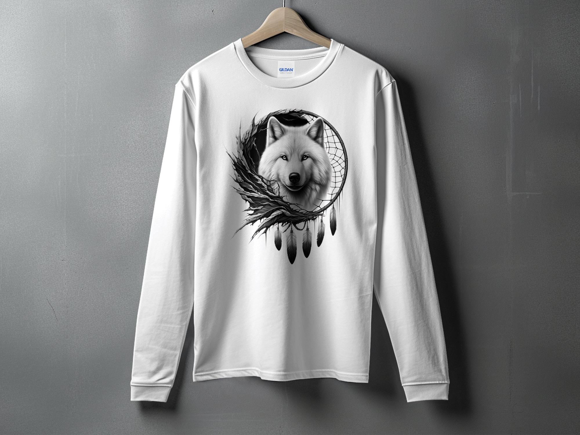 Dreamcatcher Wolf - Coloured Gildan Long Sleeve Realistic Native American Talisman Unisex Mythology Tee Graphic Design