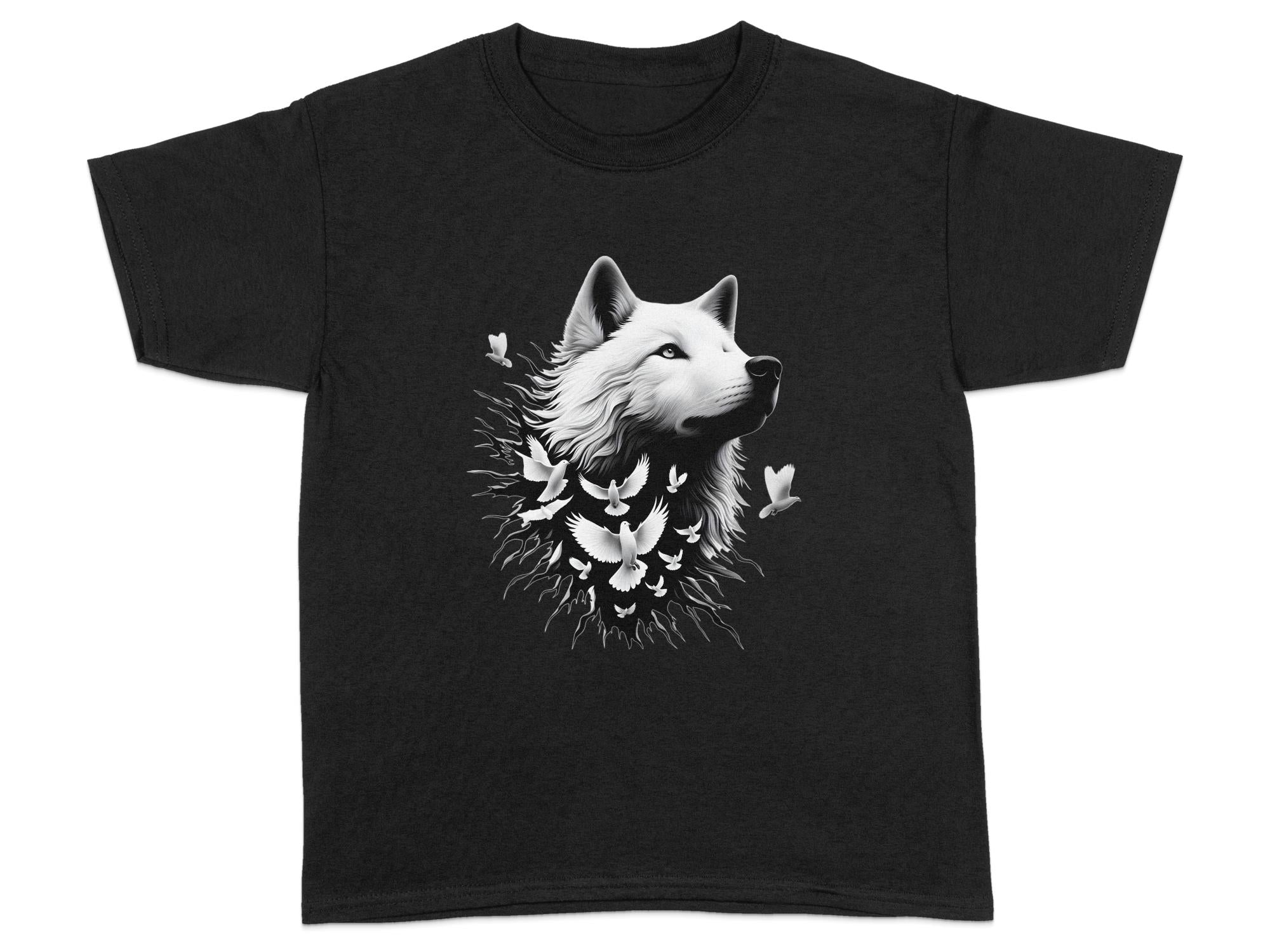 Wolf x Doves - Black White Gildan Kids T-Shirt Realistic Animal Talisman Unisex Tee Graphic Design