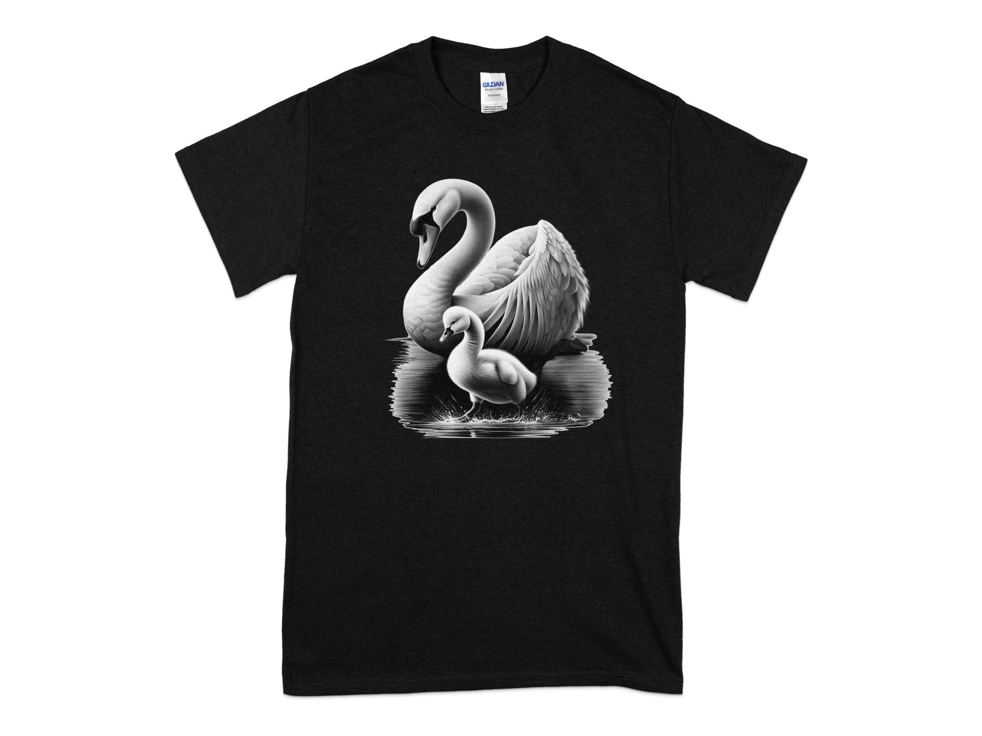 Swan & Cygnet- Black White Gildan T-Shirt Realistic Family Talisman Unisex Tee Graphic Design