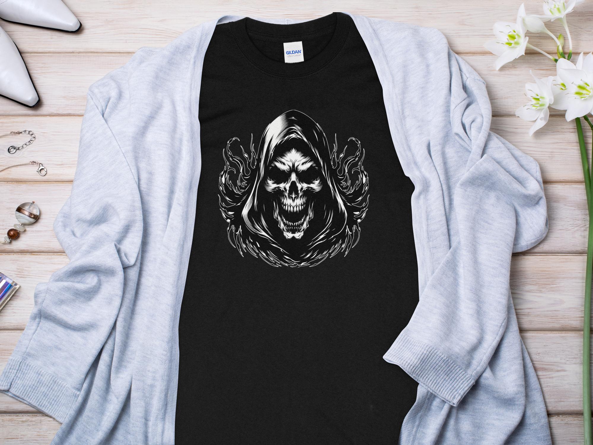 Grim Reaper - Black White Gildan Long Sleeve Commemorative Talisman Unisex Tee Graphic Design