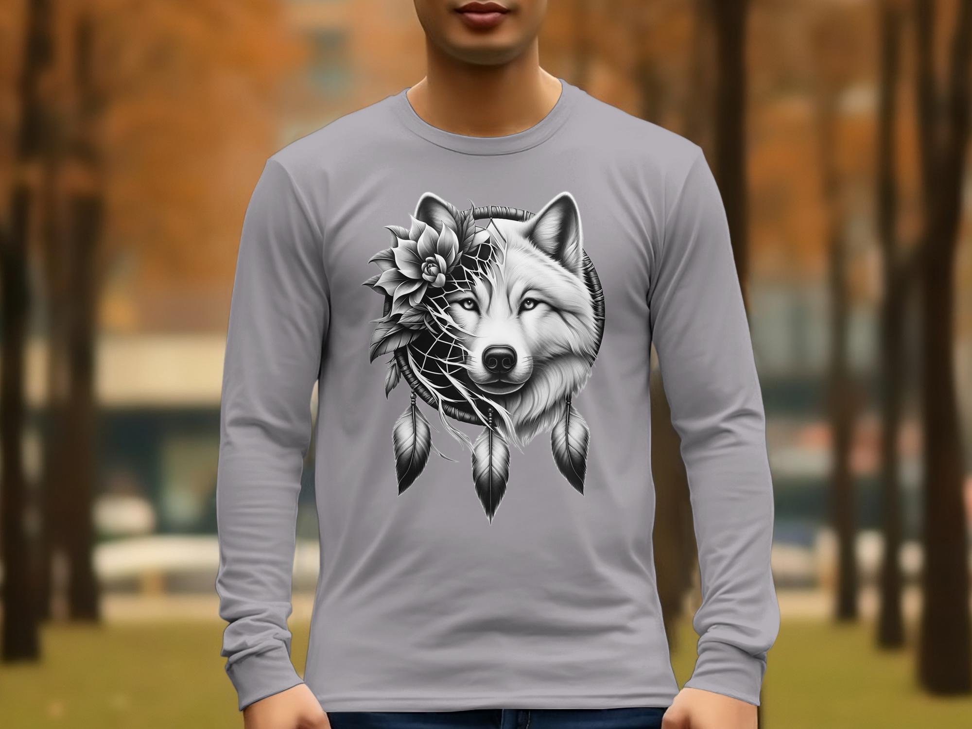 Dreamcatcher Wolf - Coloured Gildan Long Sleeve Realistic Native American Talisman Unisex Mythology Tee Graphic Design