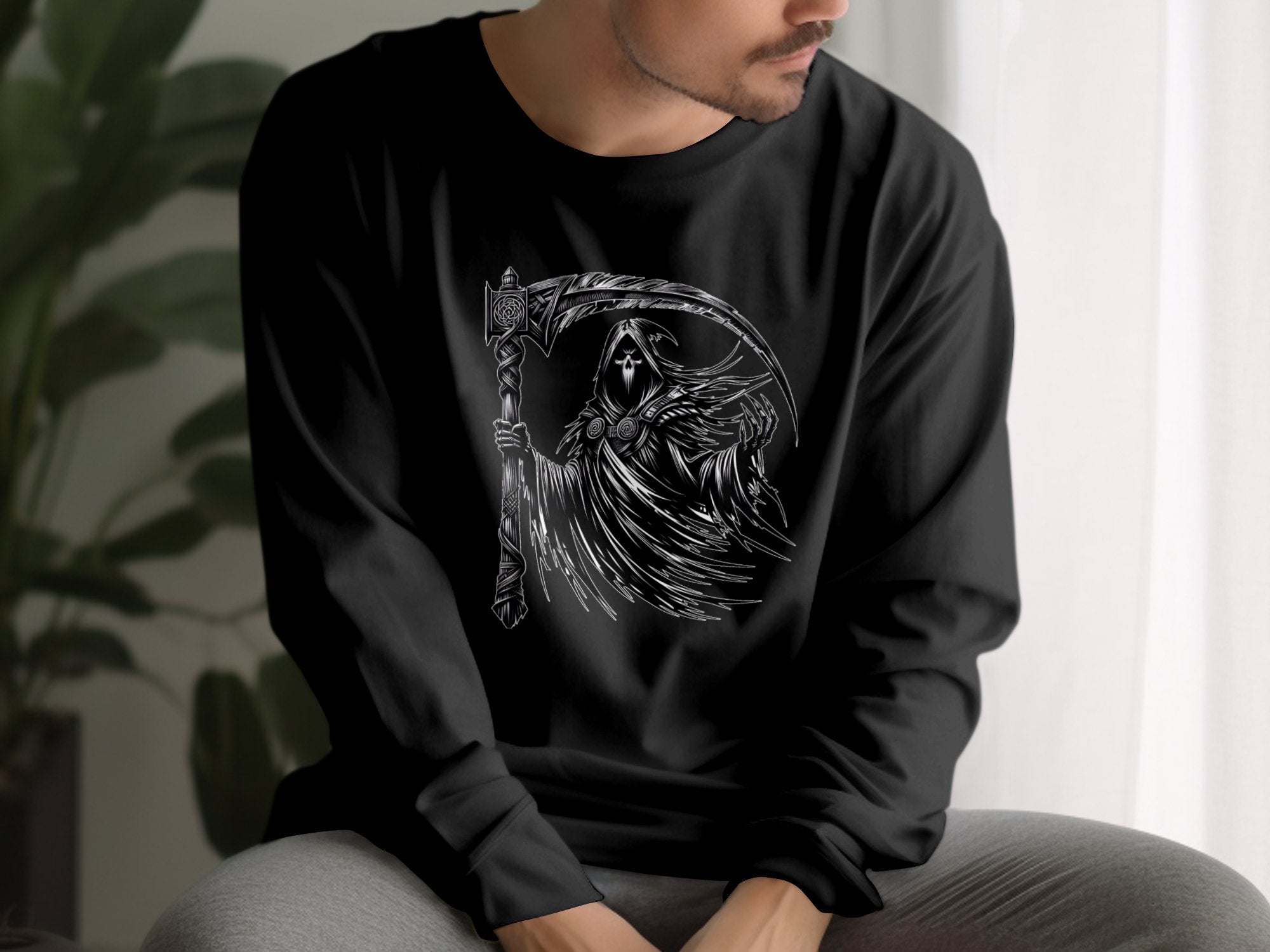 Grim Reaper - Black White Gildan Long Sleeve Commemorative Talisman Unisex Tee Graphic Design