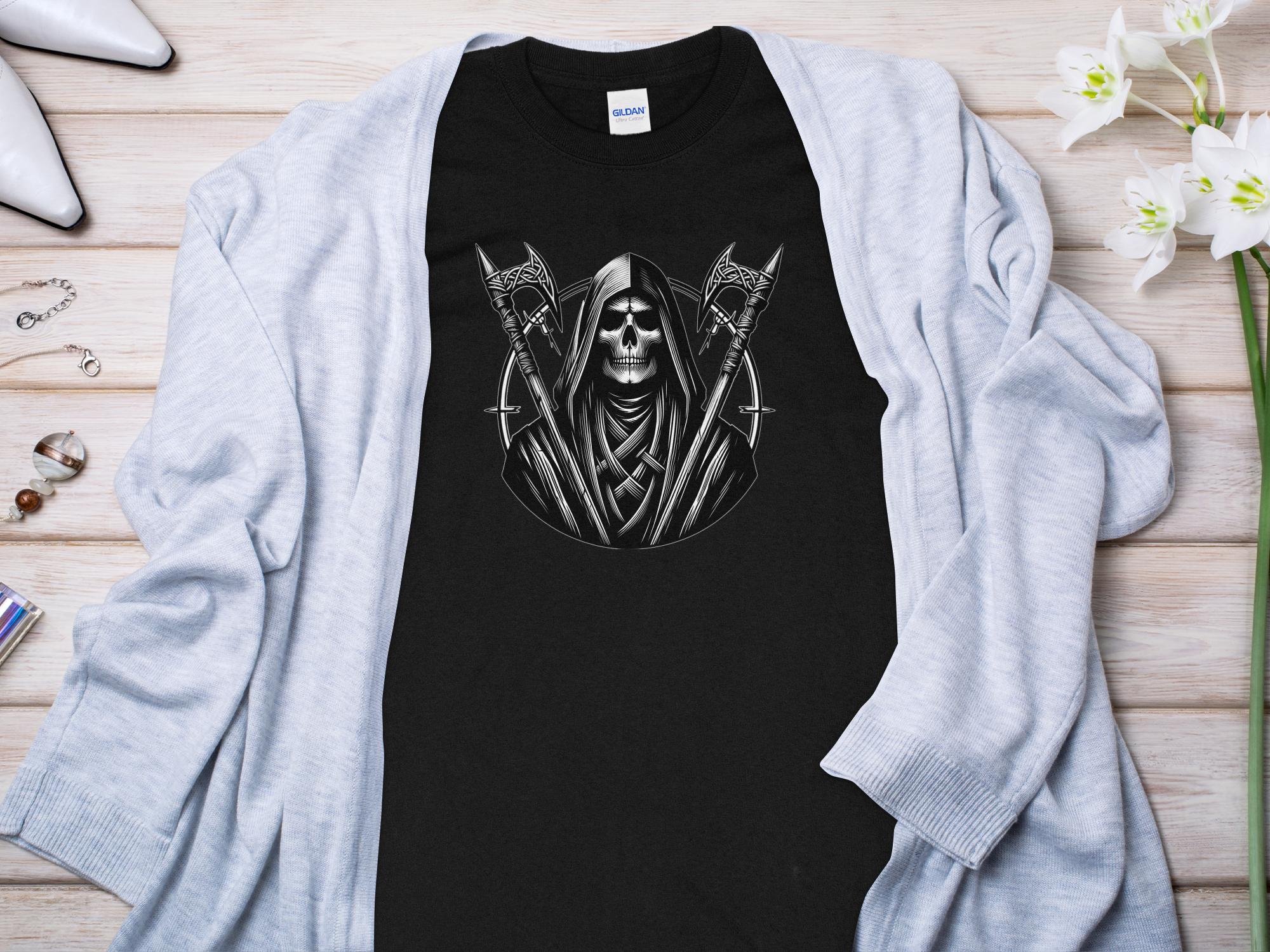 Grim Reaper - Black White Gildan Long Sleeve Commemorative Talisman Unisex Tee Graphic Design