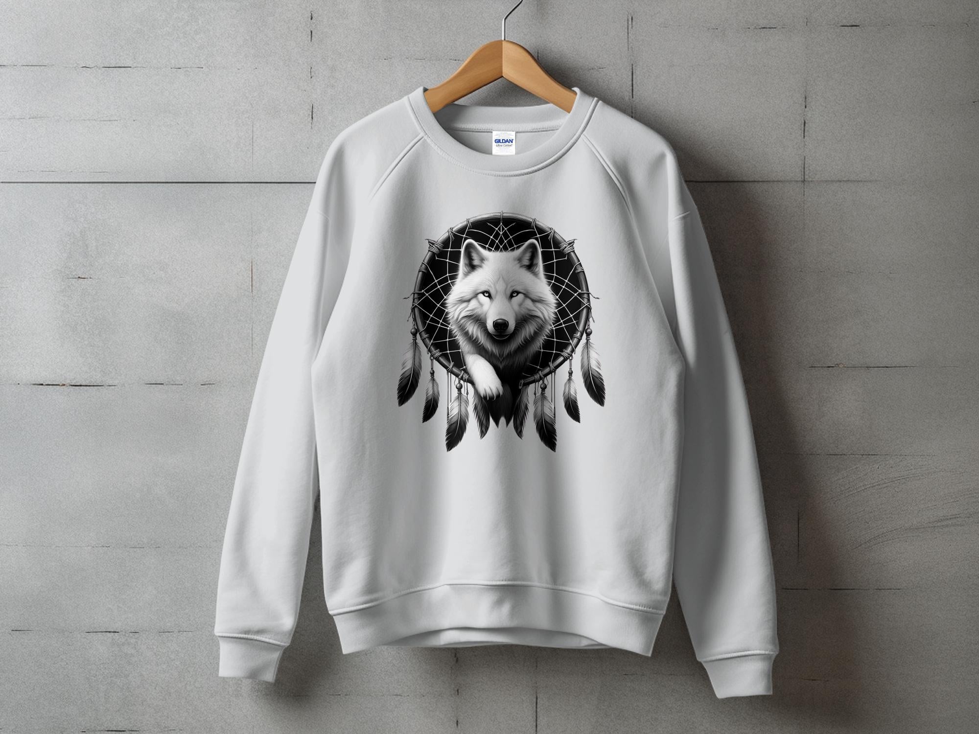 Dreamcatcher Wolf - Coloured Gildan Sweatshirt Realistic Native American Talisman Unisex Mythology Tee Graphic Design