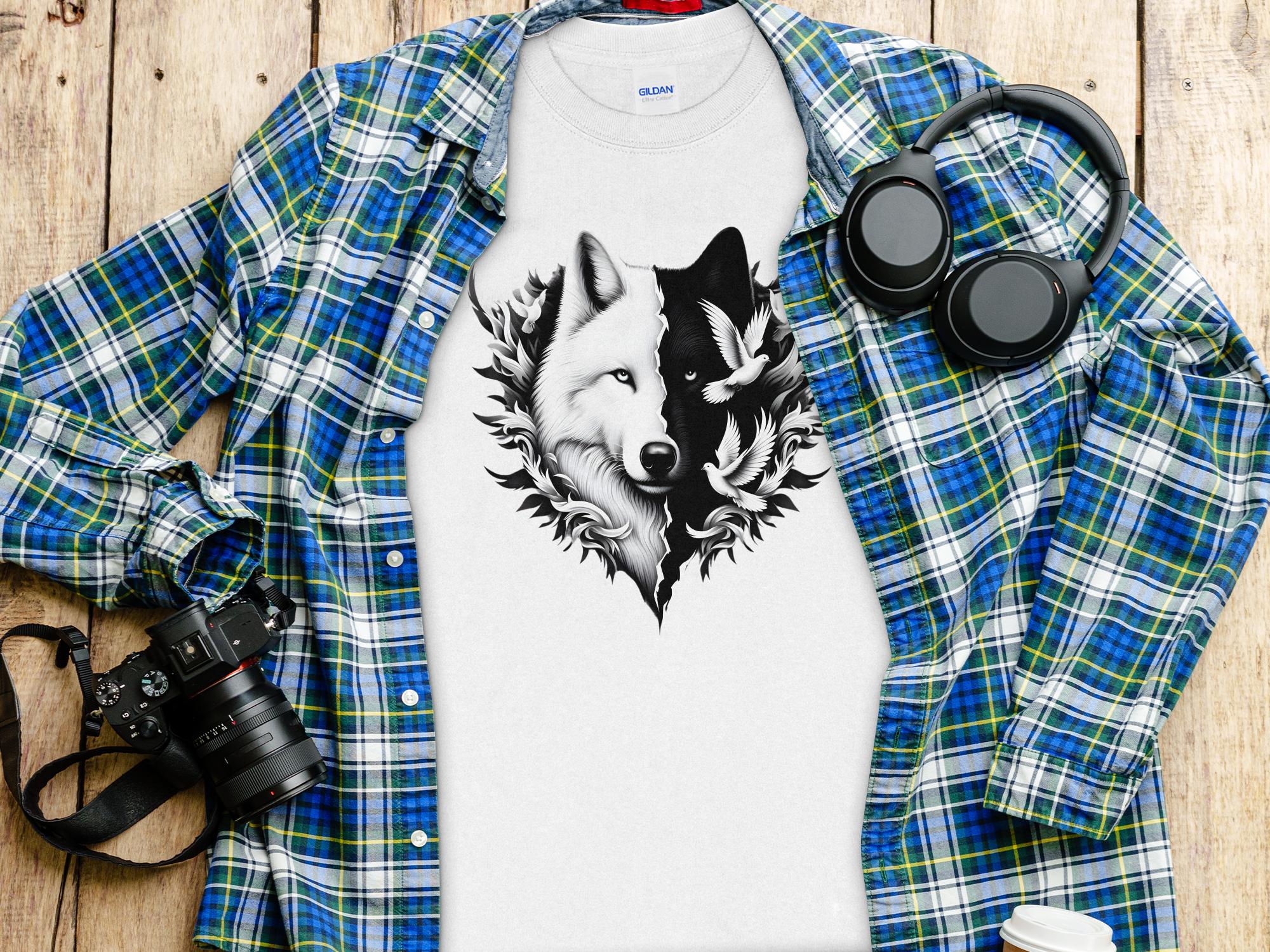 Wolf x Doves - Black White Gildan Long Sleeve Realistic Animal Talisman Unisex Tee Graphic Design