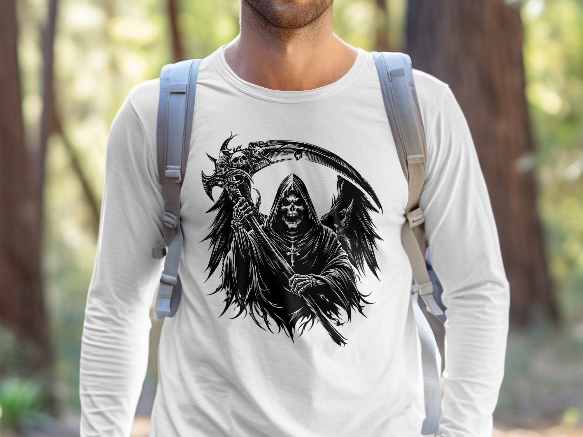 Grim Reaper - Black White Gildan Long Sleeve Commemorative Talisman Unisex Tee Graphic Design