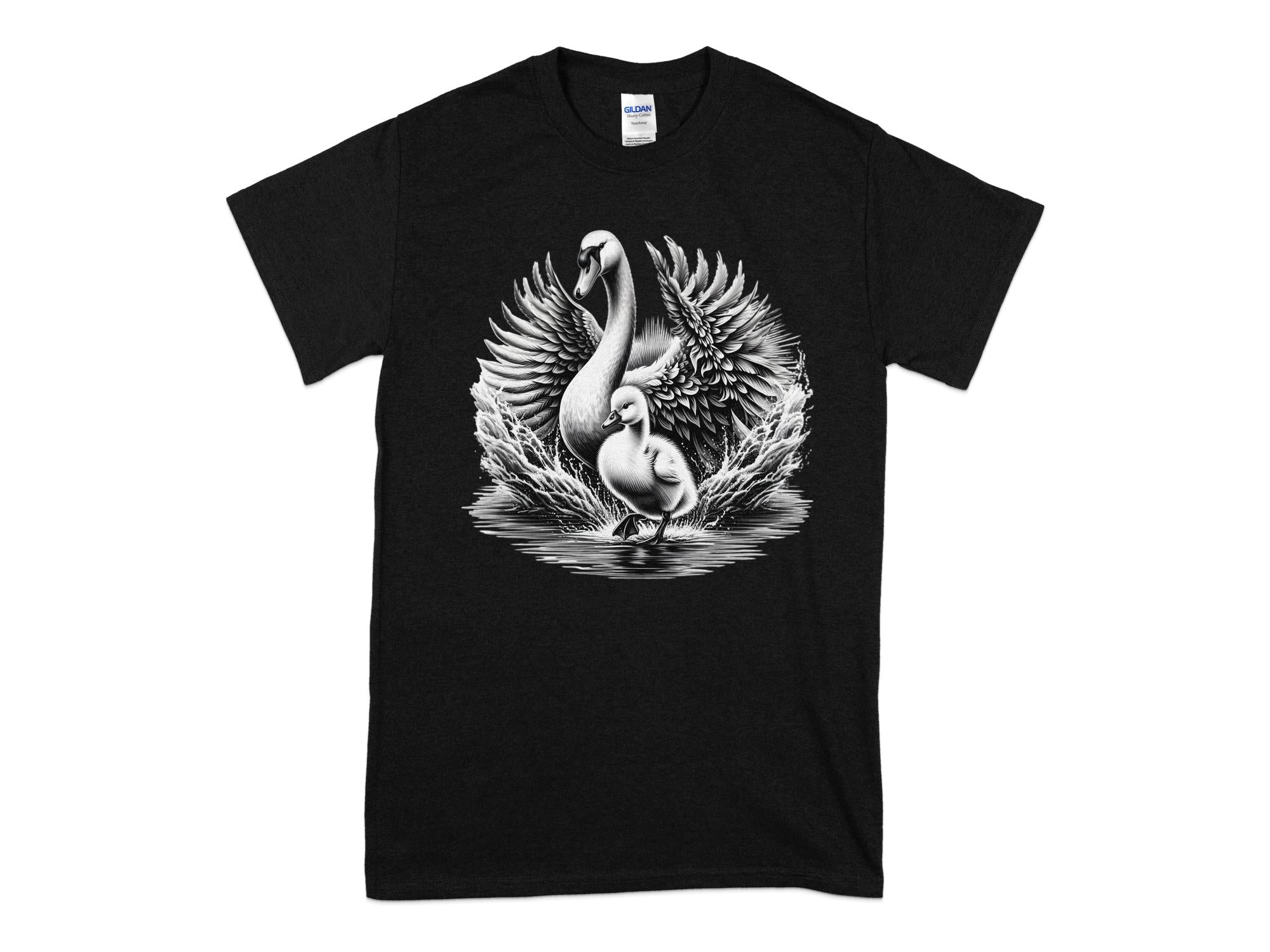 Swan & Cygnet- Black White Gildan T-Shirt Realistic Family Talisman Unisex Tee Graphic Design