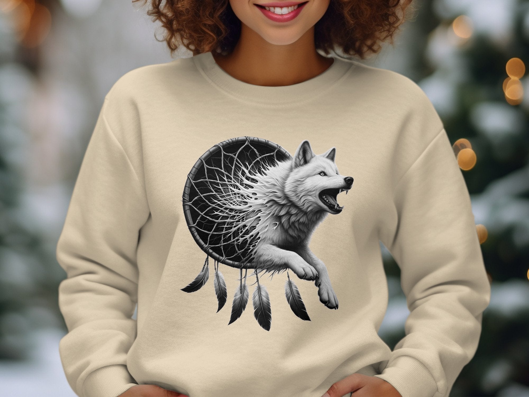 Dreamcatcher Wolf - Coloured Gildan Sweatshirt Realistic Native American Talisman Unisex Mythology Tee Graphic Design