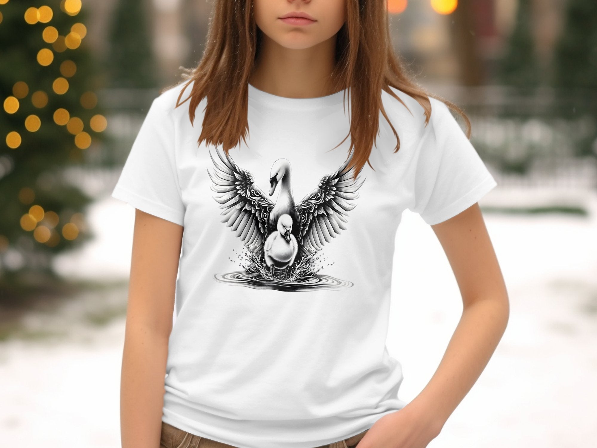 Swan & Cygnet- Black White Gildan Kids T-Shirt Realistic Family Talisman Unisex Tee Graphic Design