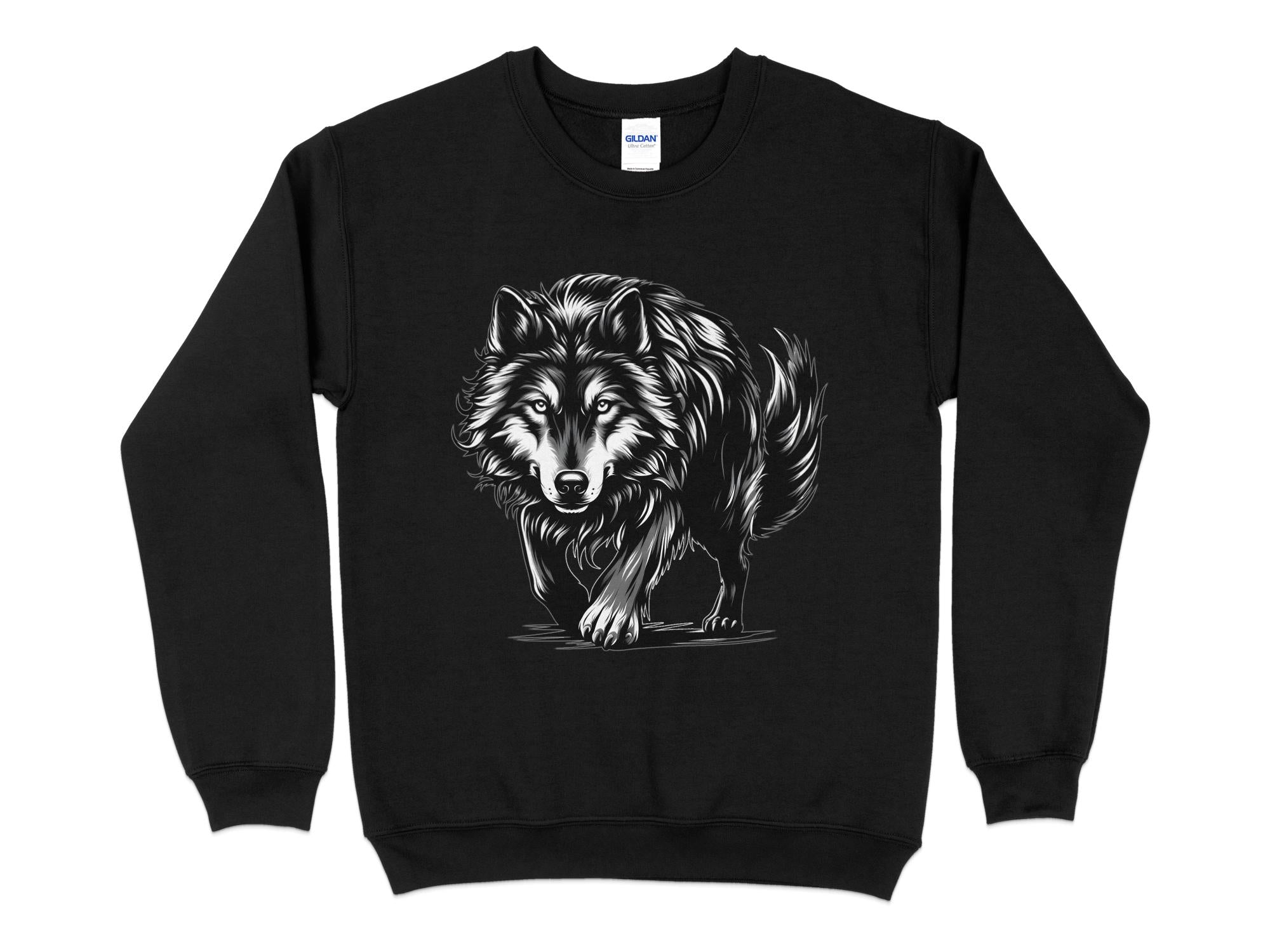 Wolf Tribal - Black White Gildan Sweatshirt Realistic Animal Talisman Unisex Tee Graphic Design