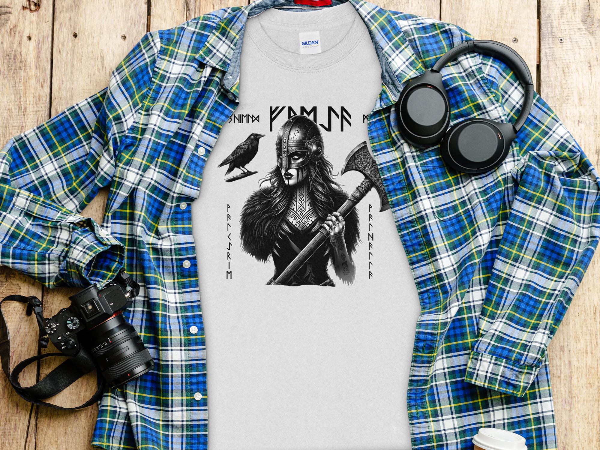 Viking Shield Maiden - Coloured Gildan Long Sleeve Realistic Norse Talisman Men Women Unisex Valhalla Tee Graphic Design