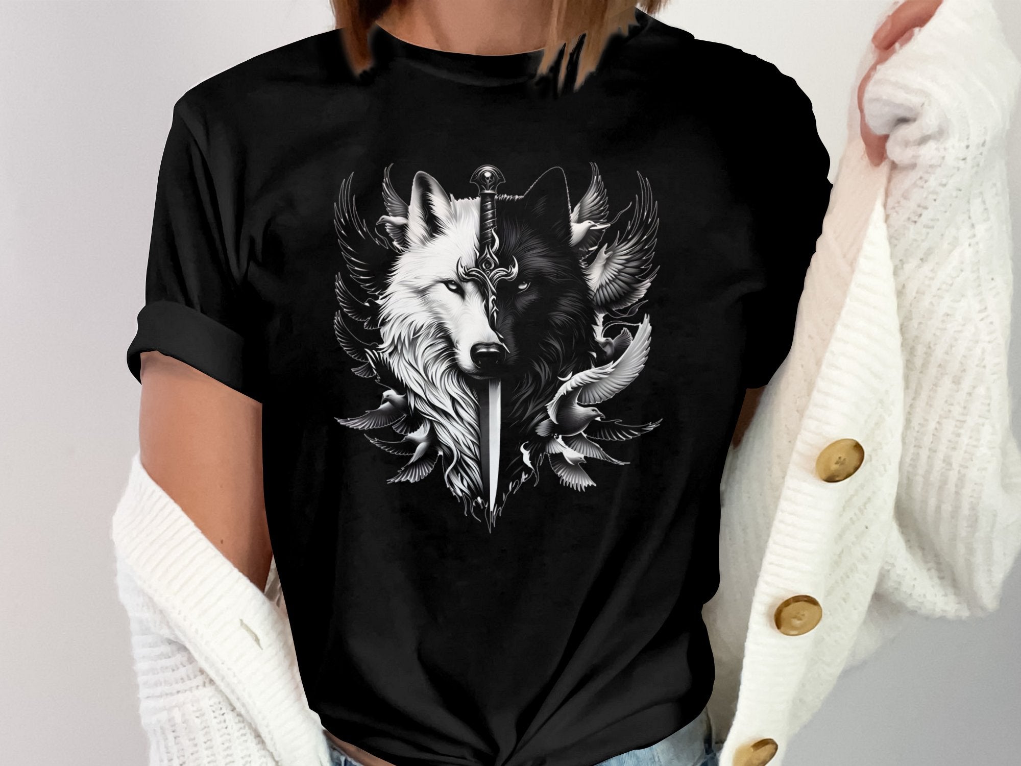 Wolf x Doves - Black White Gildan T-Shirt Realistic Animal Talisman Unisex Tee Graphic Design