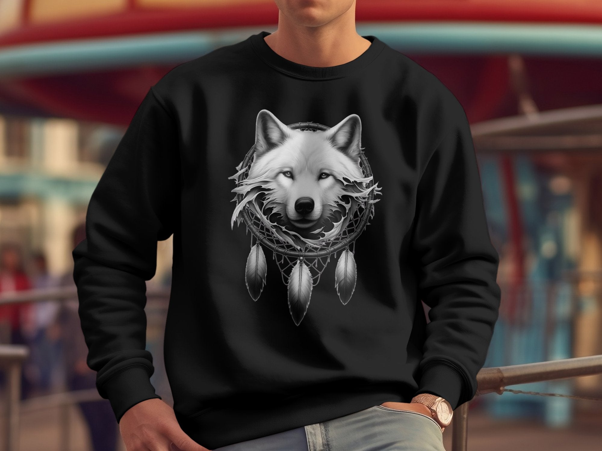 Dreamcatcher Wolf - Coloured Gildan Sweatshirt Realistic Native American Talisman Unisex Mythology Tee Graphic Design