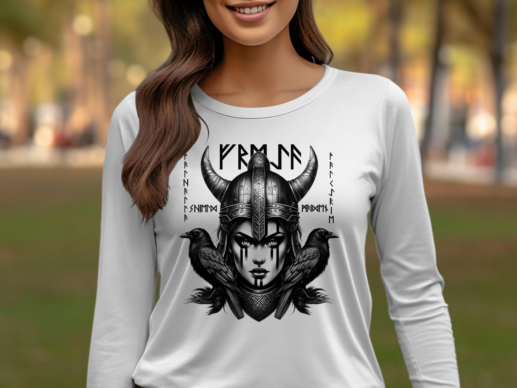 Viking Shield Maiden - Coloured Gildan Long Sleeve Realistic Norse Talisman Men Women Unisex Valhalla Tee Graphic Design