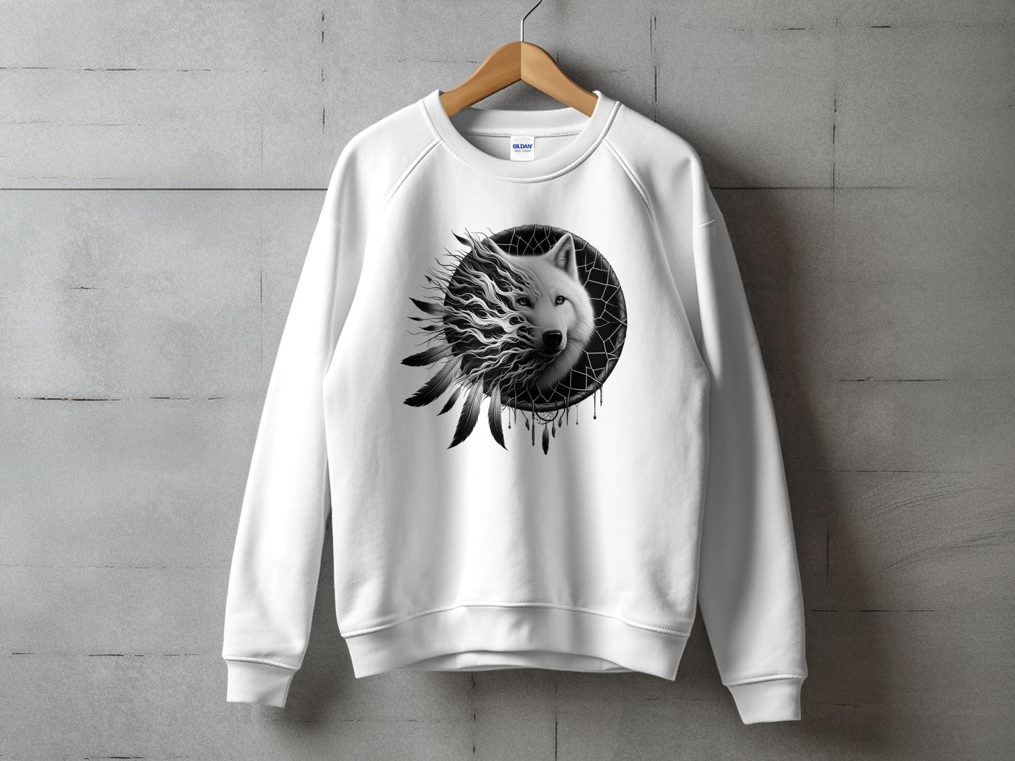 Dreamcatcher Wolf - Coloured Gildan Sweatshirt Realistic Native American Talisman Unisex Mythology Tee Graphic Design