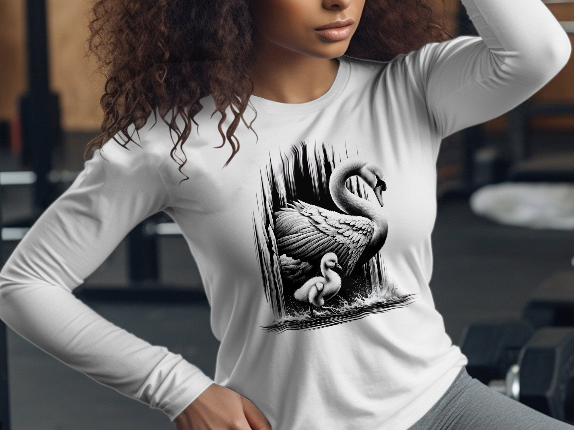 Swan & Cygnet- Black White Gildan Long Sleeve Realistic Family Talisman Unisex Tee Graphic Design