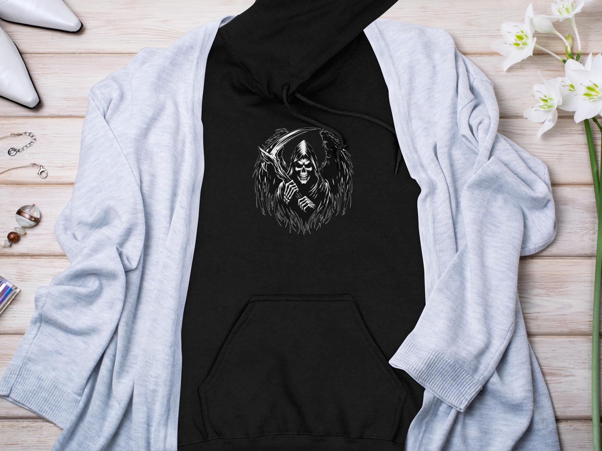 Grim Reaper - Black White Gildan Hoodie Commemorative Talisman Unisex Tee Graphic Design