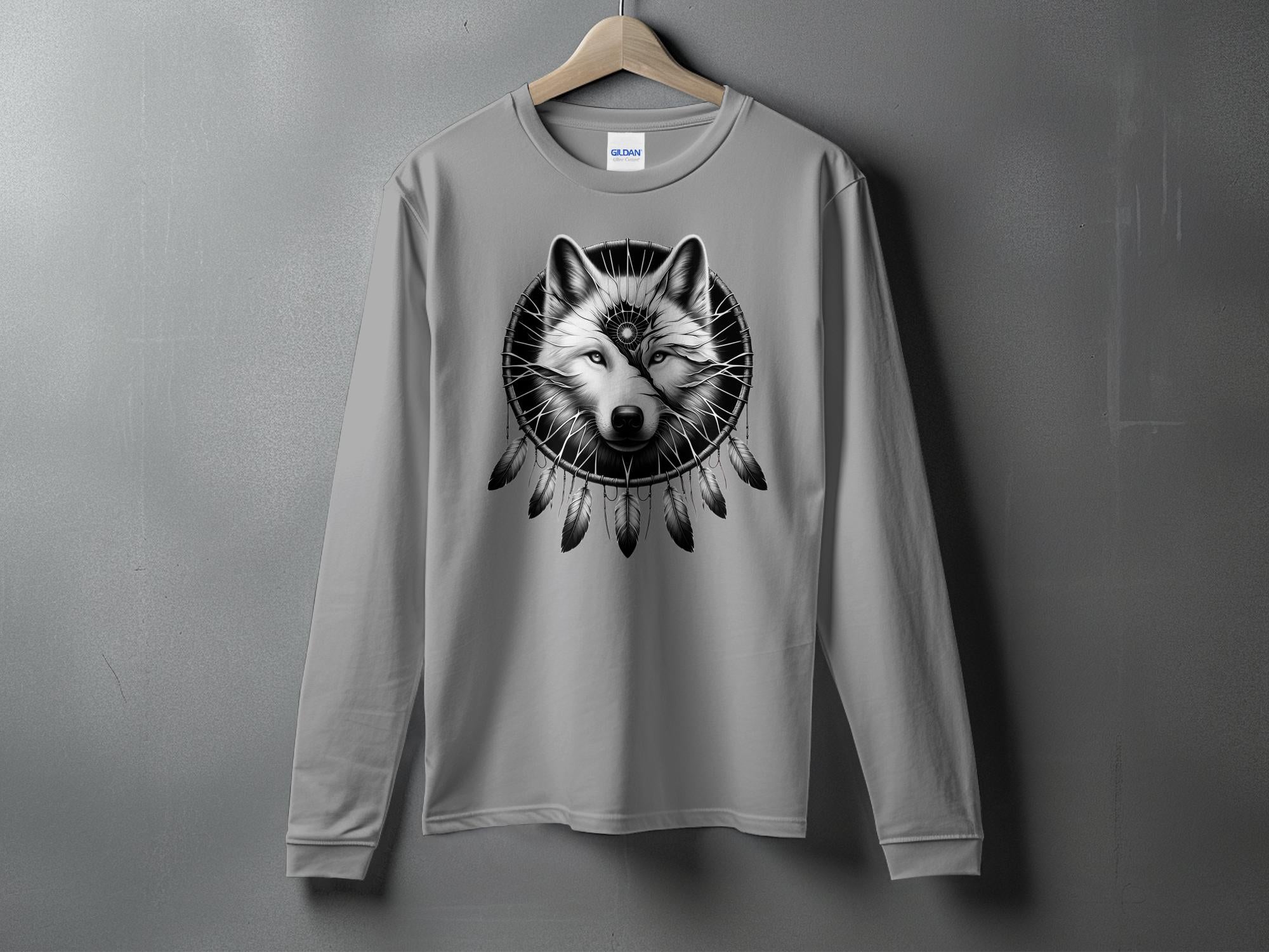 Dreamcatcher Wolf - Coloured Gildan Long Sleeve Realistic Native American Talisman Unisex Mythology Tee Graphic Design