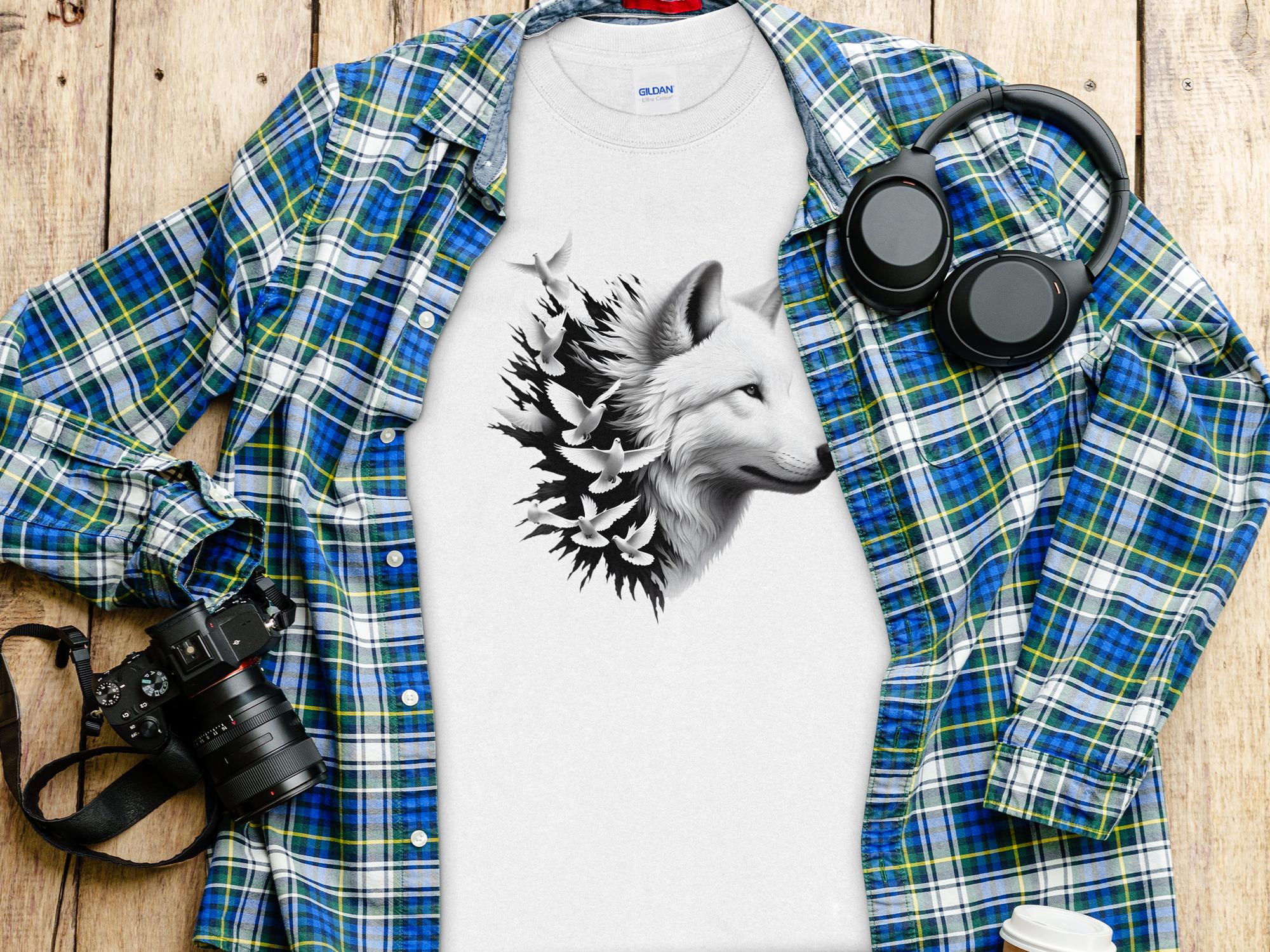 Wolf x Doves - Black White Gildan Long Sleeve Realistic Animal Talisman Unisex Tee Graphic Design