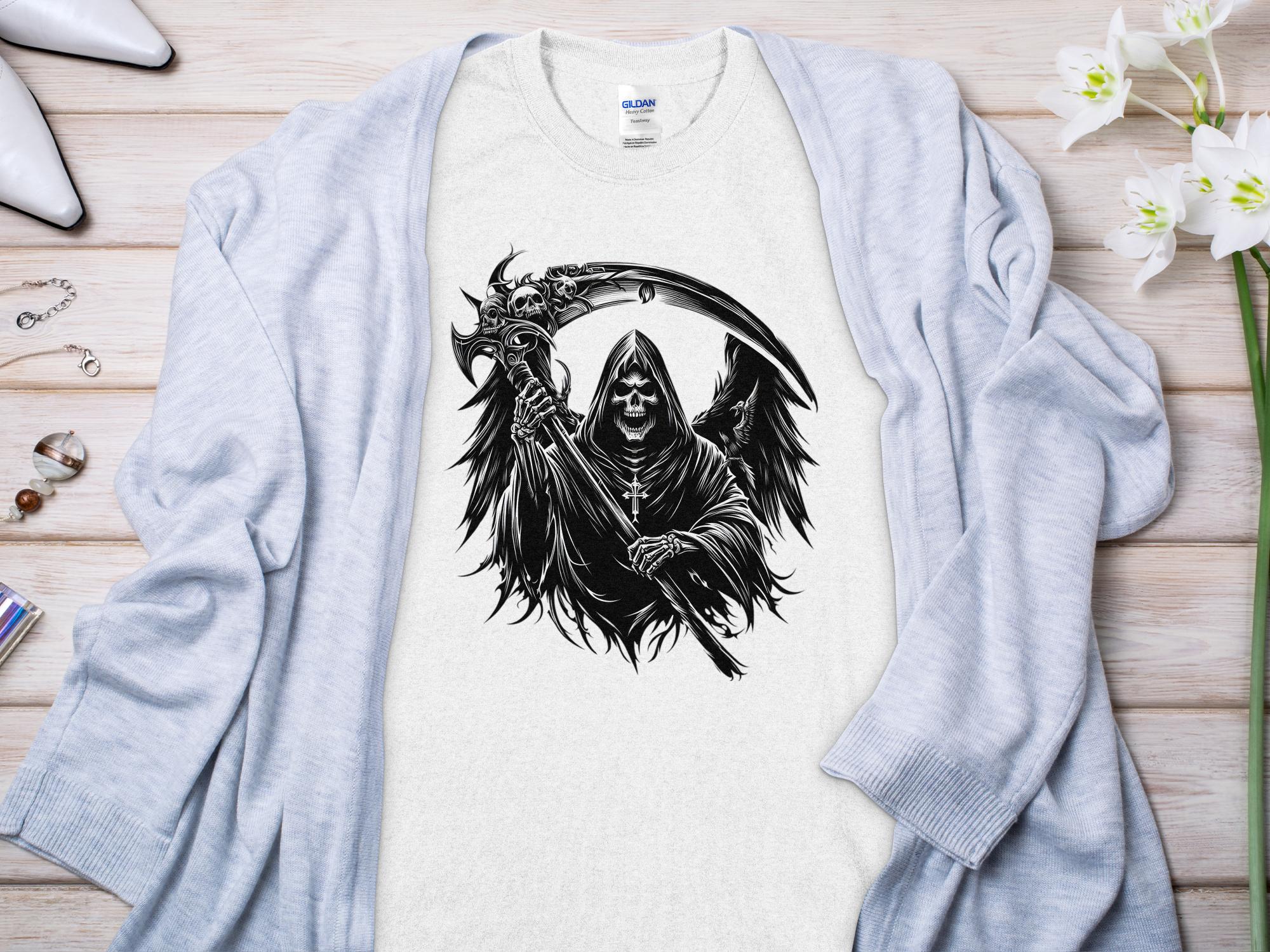 Grim Reaper - Black White Gildan T-Shirt Commemorative Talisman Unisex Tee Graphic Design