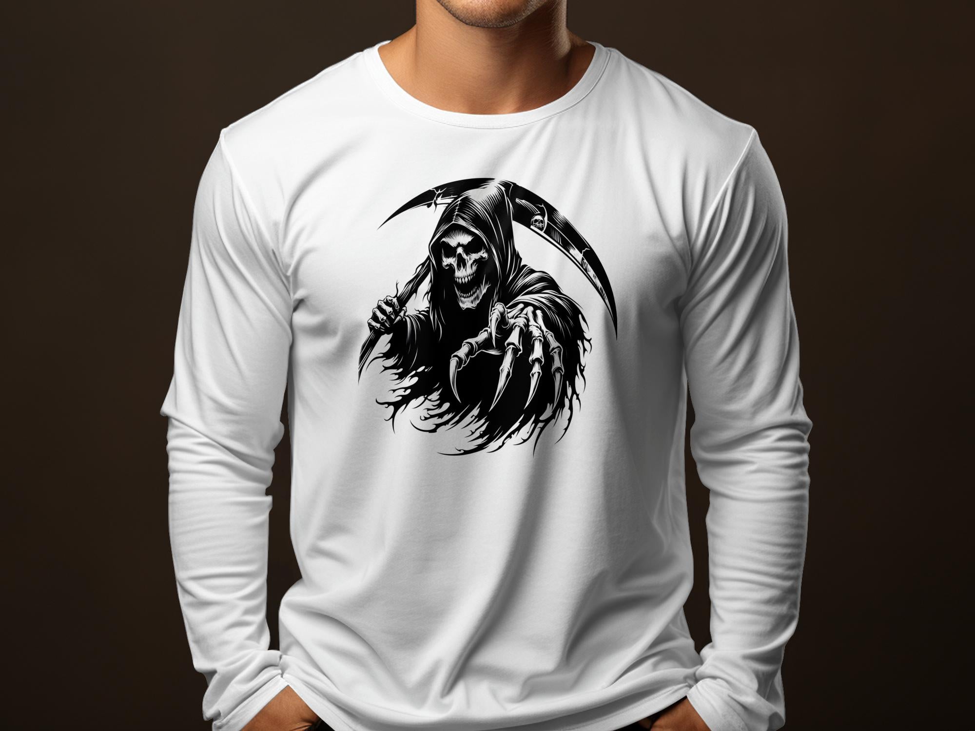 Grim Reaper - Black White Gildan Long Sleeve Commemorative Talisman Unisex Tee Graphic Design